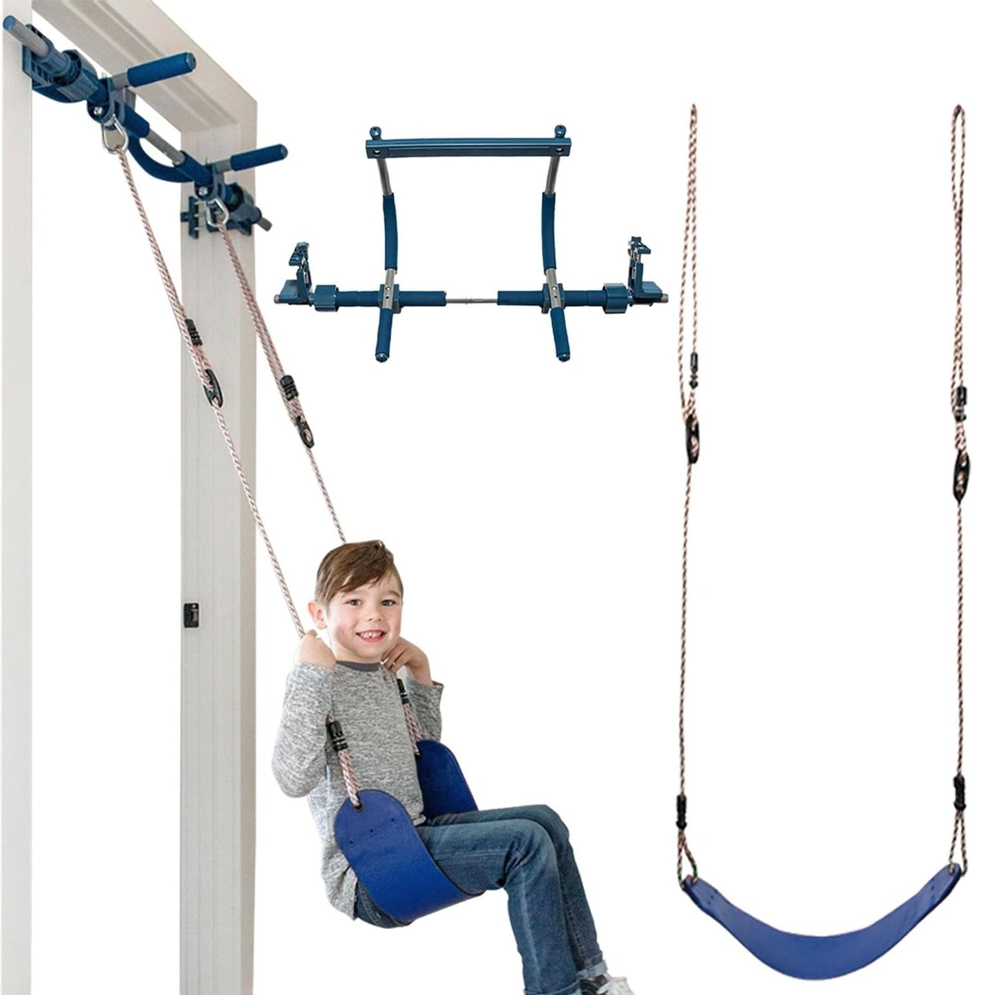 Gym1 Doorway Swing & Pull-Up Bar Gym — Indoor Kids Fitness Playset (2-Piece, Blue)