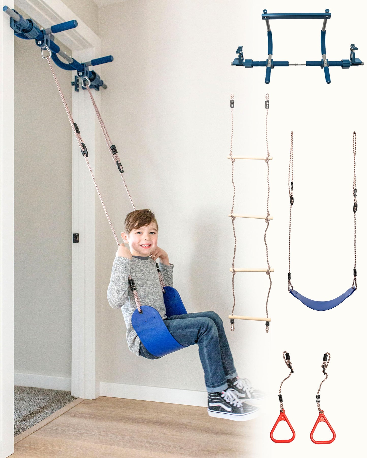 Gym1 Indoor Doorway Gym Set with Sensory Swing & Grip Rings | Adjustable Door Frame Pull-Up Bar (4-Piece, Blue)