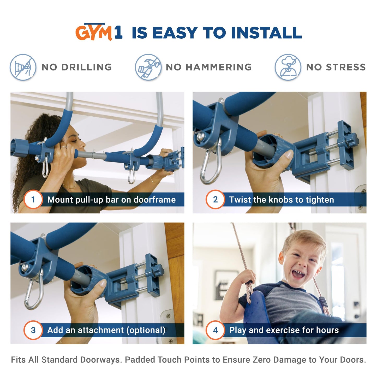 Gym1 Indoor Doorway Gym Set with Sensory Swing & Grip Rings | Adjustable Door Frame Pull-Up Bar (4-Piece, Blue)