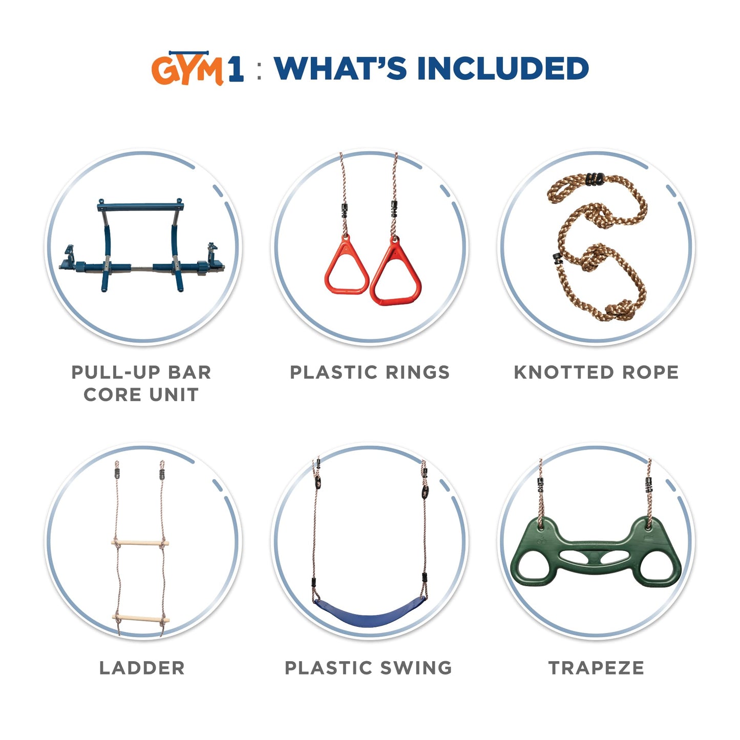 Gym1 6-Piece Doorway Gym Indoor Playground – Sensory Swing, Pull-Up Bar, Rings, Trapeze, Ladder & Knotted Rope
