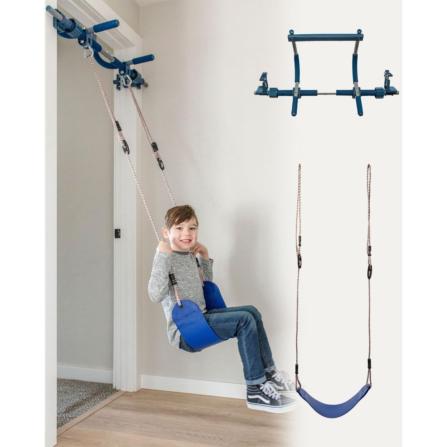 Gym1 Doorway Swing & Pull-Up Bar Gym — Indoor Kids Fitness Playset (2-Piece, Blue)