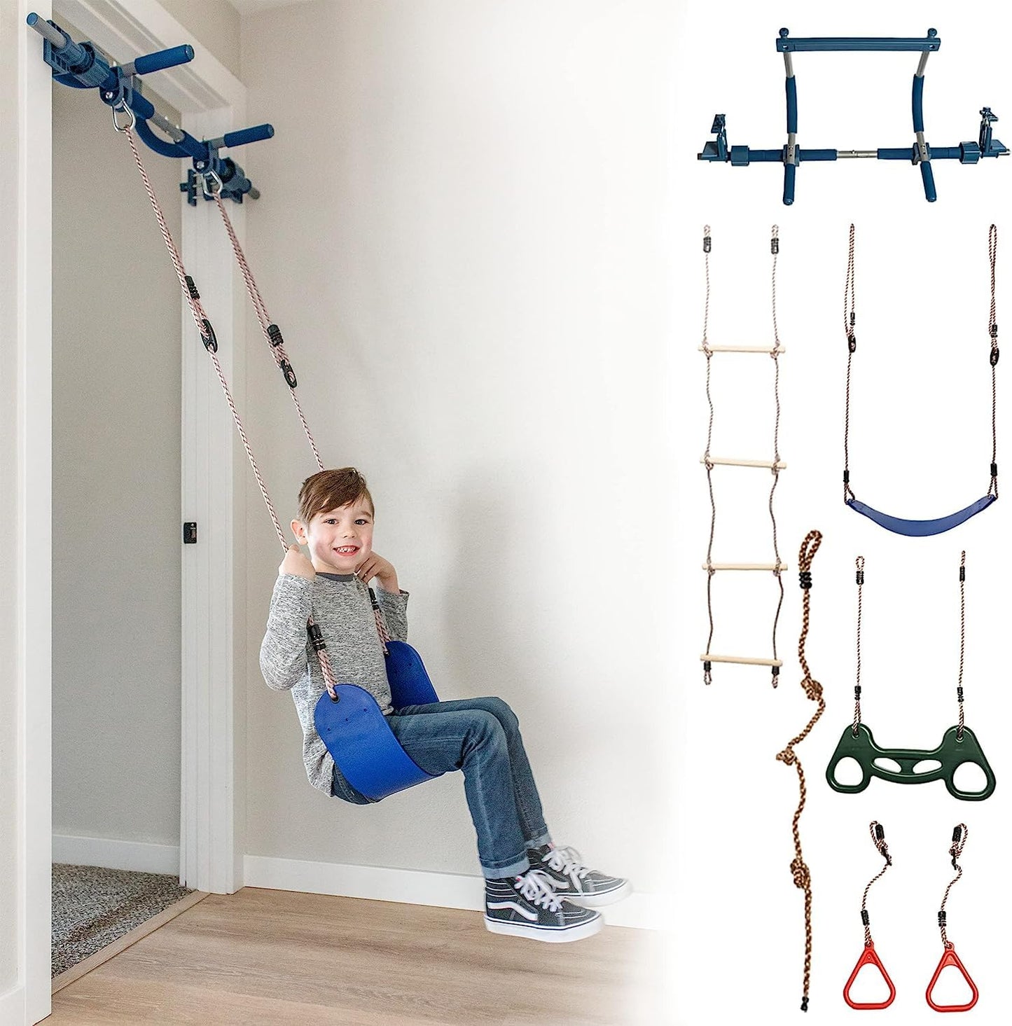 Gym1 6-Piece Doorway Gym Indoor Playground – Sensory Swing, Pull-Up Bar, Rings, Trapeze, Ladder & Knotted Rope