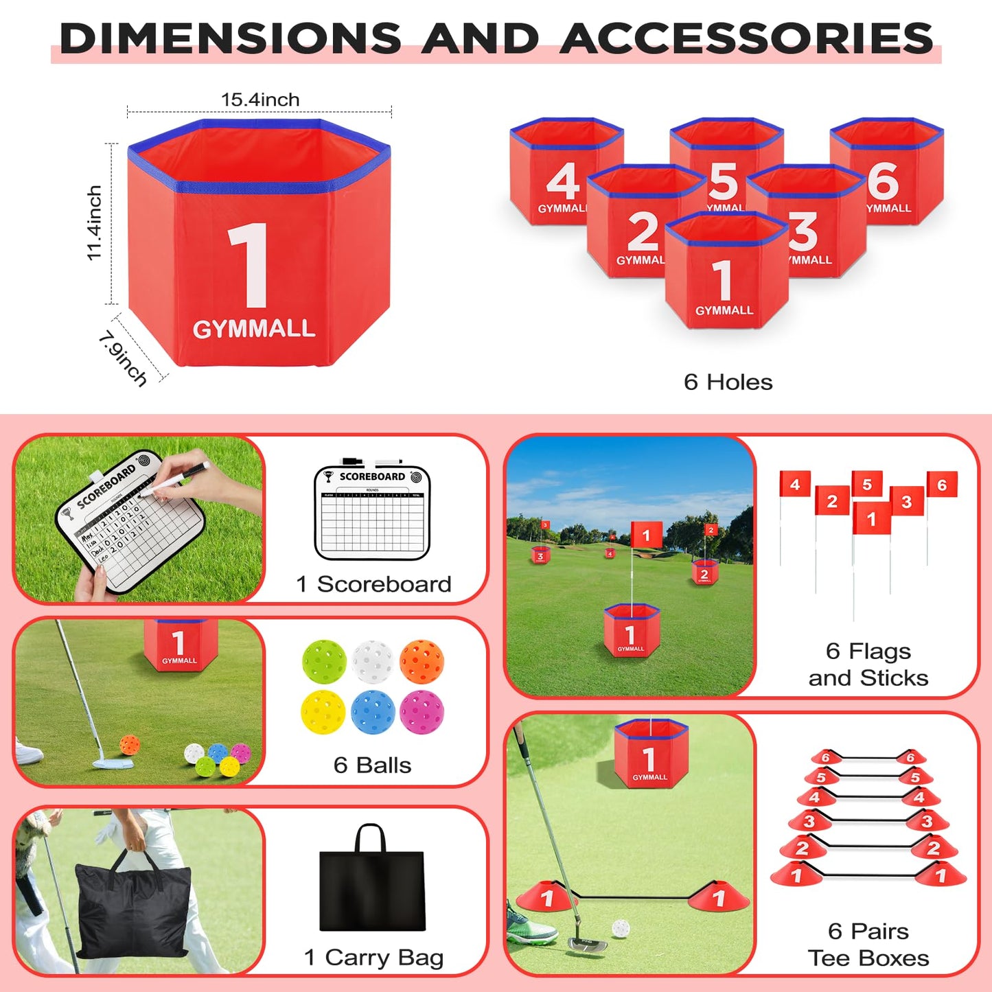 GYMMALL Golf Bucket Yard Game – Portable 6-Hole Backyard Golf Set (Red)