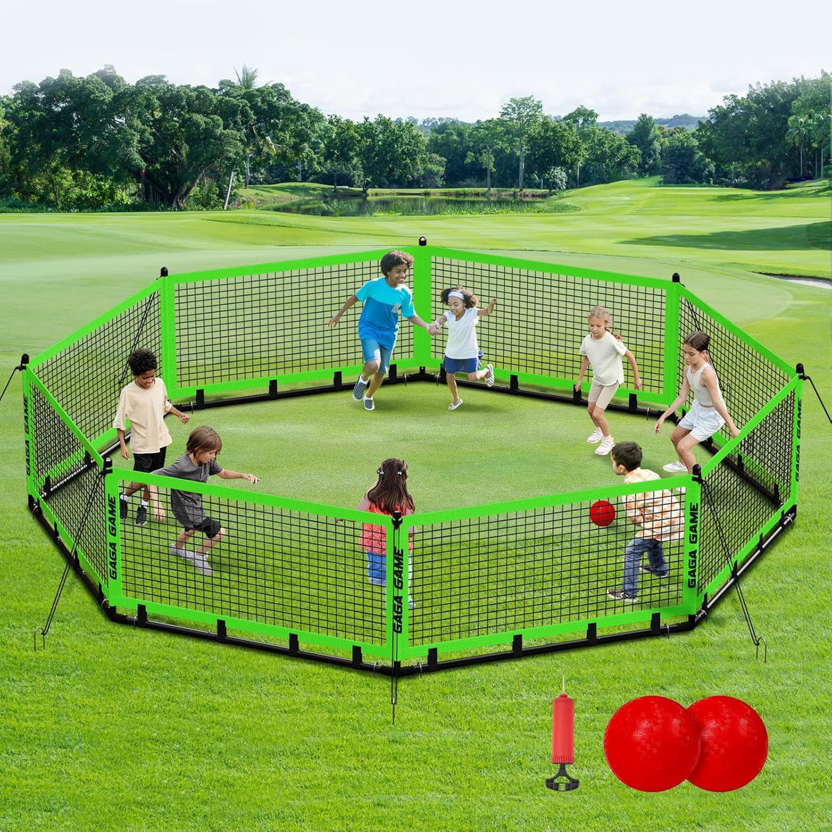GYMMALL Gaga Ball Pit for Kids – Portable 15ft Court with Carry Bag & 2 Balls