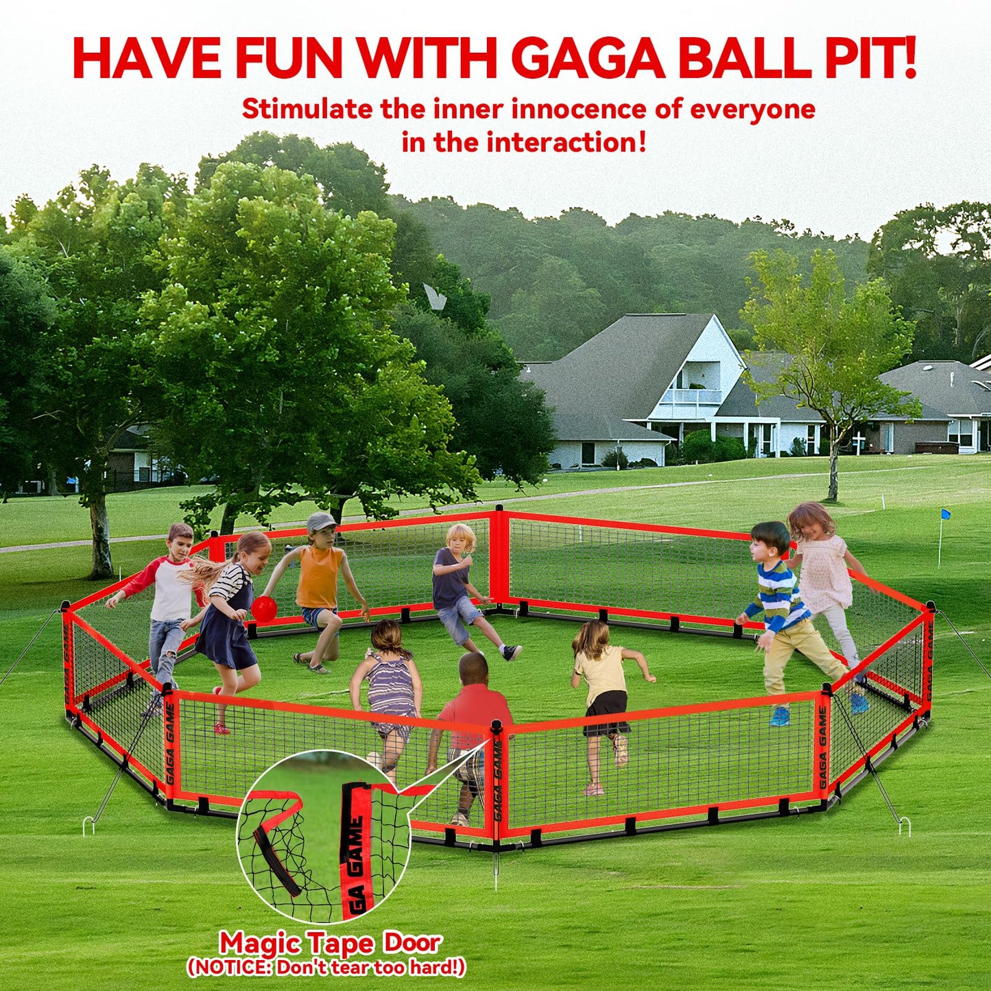 GYMMALL Gaga Ball Pit for Kids – Portable 15ft Gaga Ball Court with 2 Balls