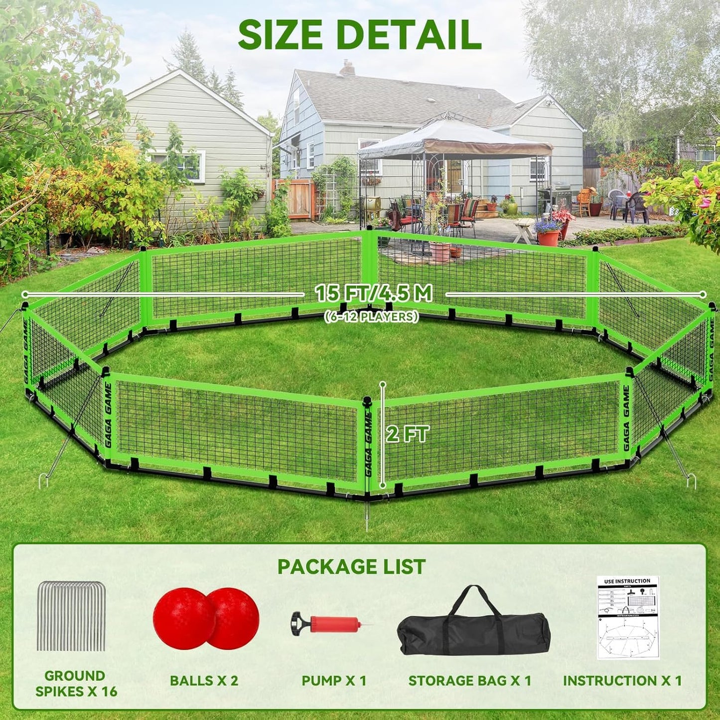 GYMMALL Gaga Ball Pit for Kids – Portable 15ft Court with Carry Bag & 2 Balls
