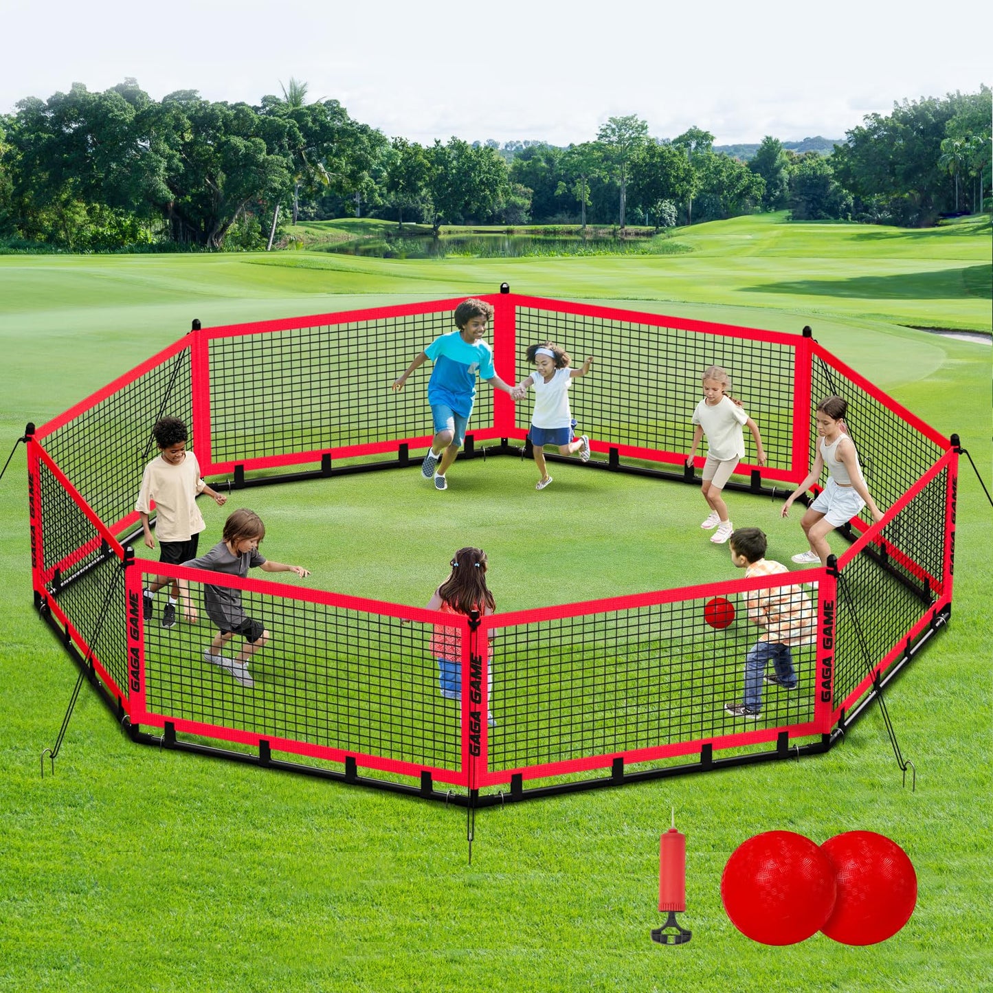 GYMMALL Gaga Ball Pit for Kids – Portable 15ft Gaga Ball Court with 2 Balls