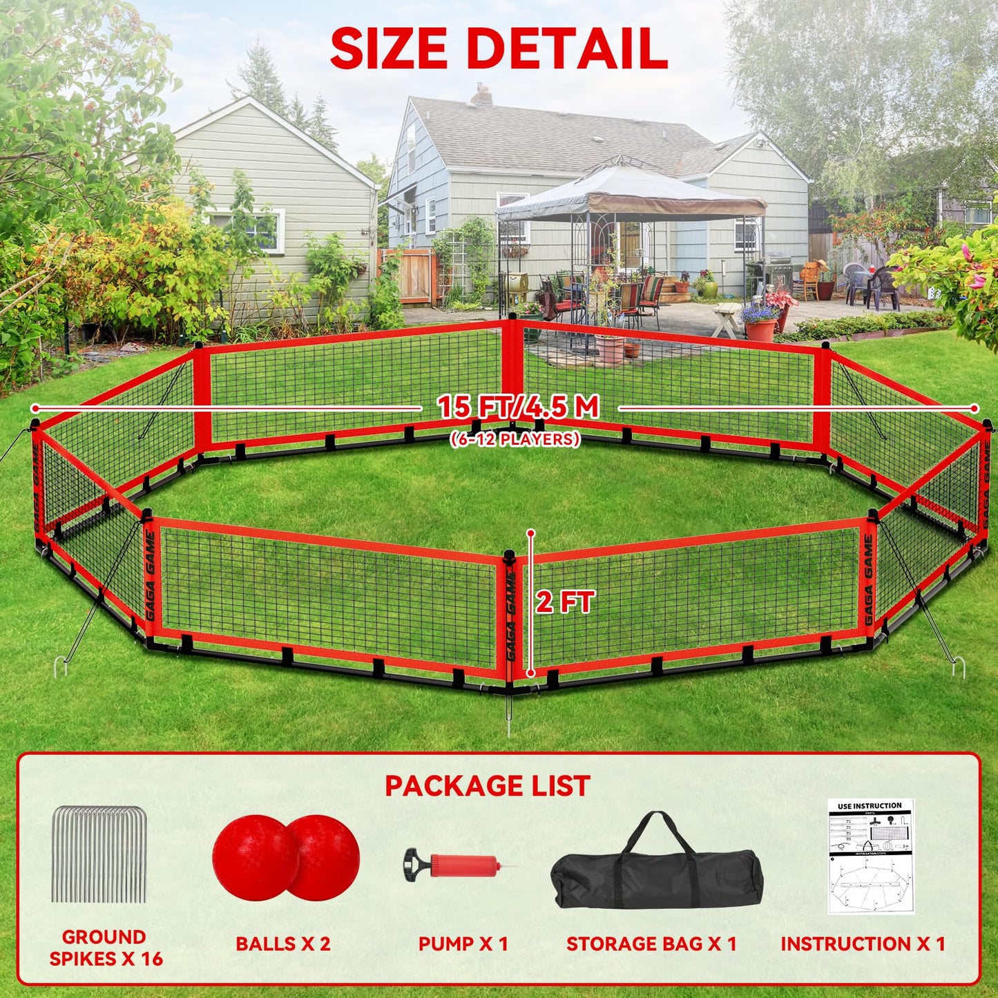GYMMALL Gaga Ball Pit for Kids – Portable 15ft Gaga Ball Court with 2 Balls