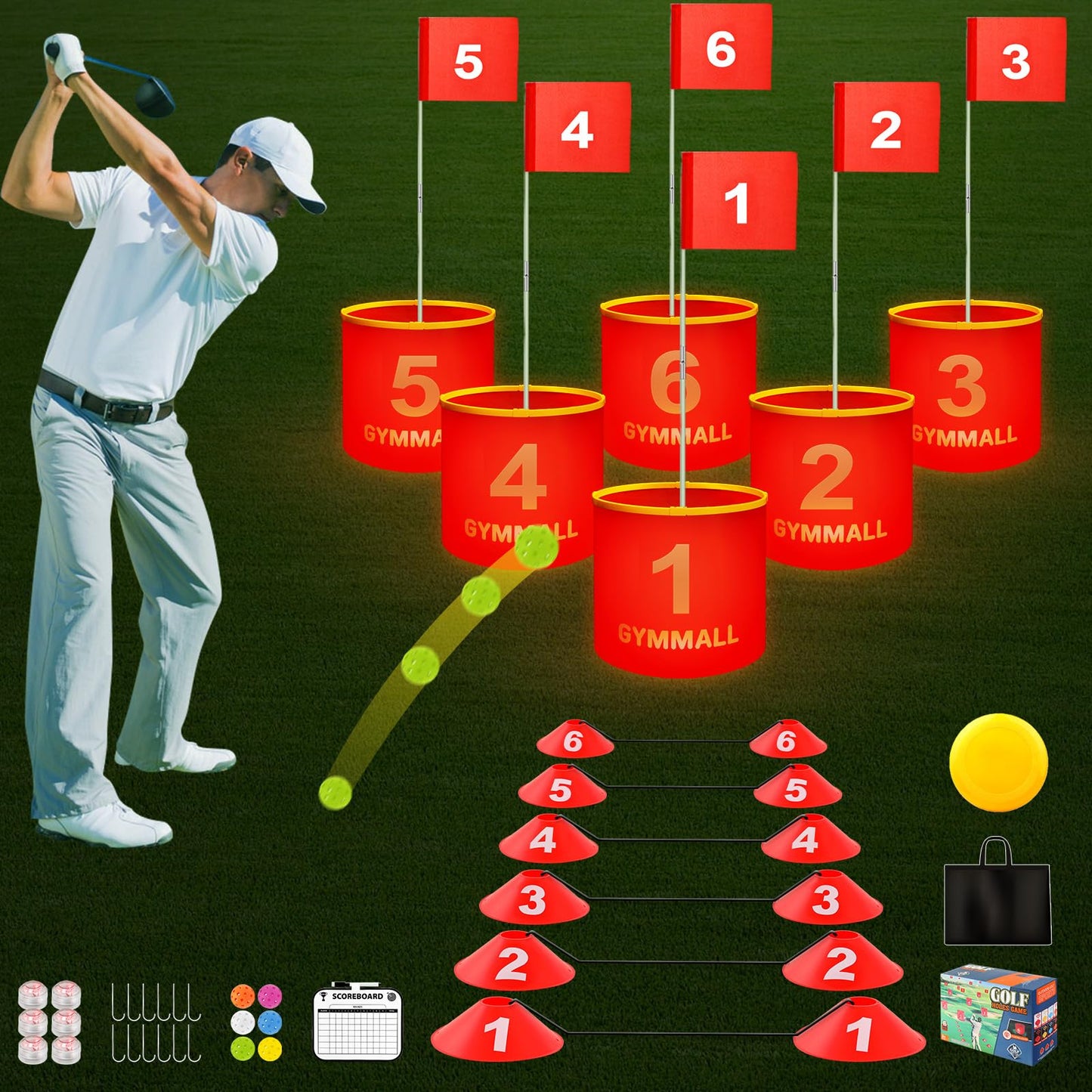 GYMMALL Golf Yard Bucket Game — 6-Hole LED Backyard Golf Set for Adults & Kids