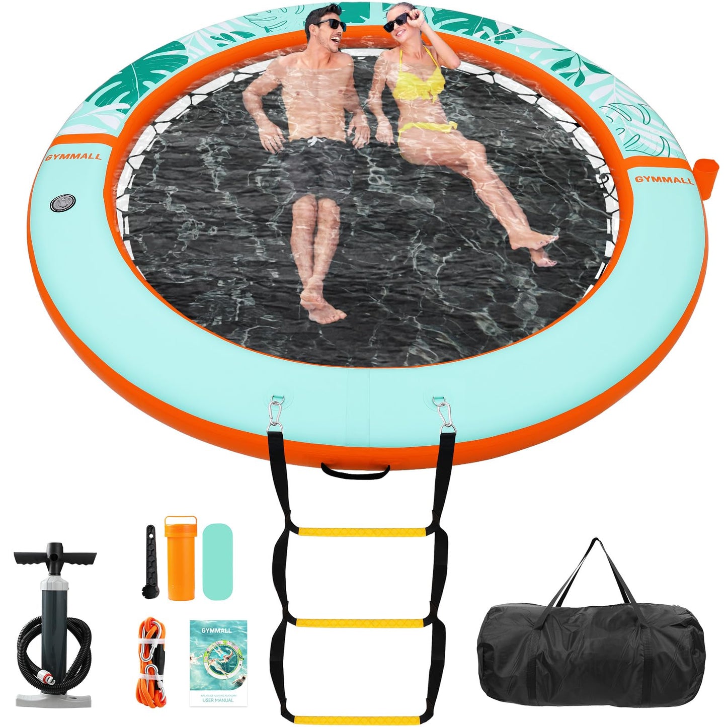 GYMMALL 8 ft Inflatable Water Hammock Floating Dock with Mesh – Ladder, Cup Holder, Orange/Green