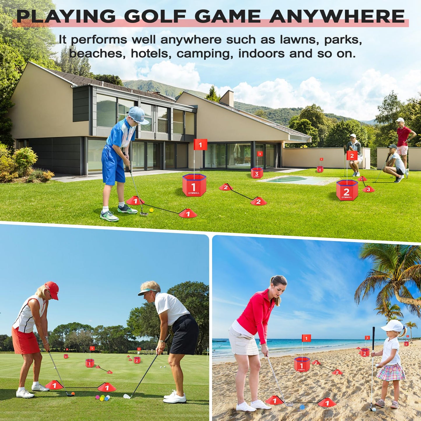 GYMMALL Golf Bucket Yard Game – Portable 6-Hole Backyard Golf Set (Red)