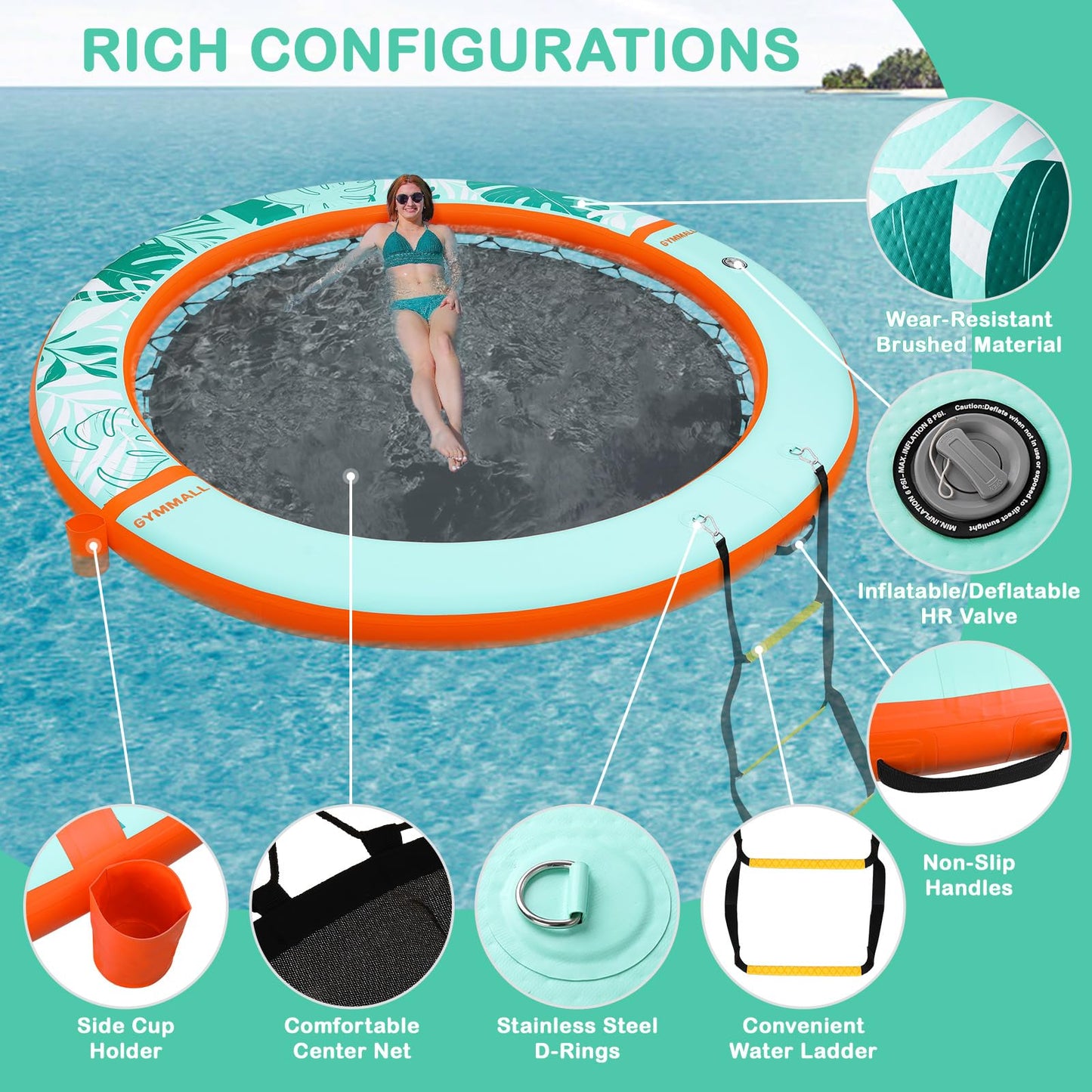 GYMMALL 8 ft Inflatable Water Hammock Floating Dock with Mesh – Ladder, Cup Holder, Orange/Green