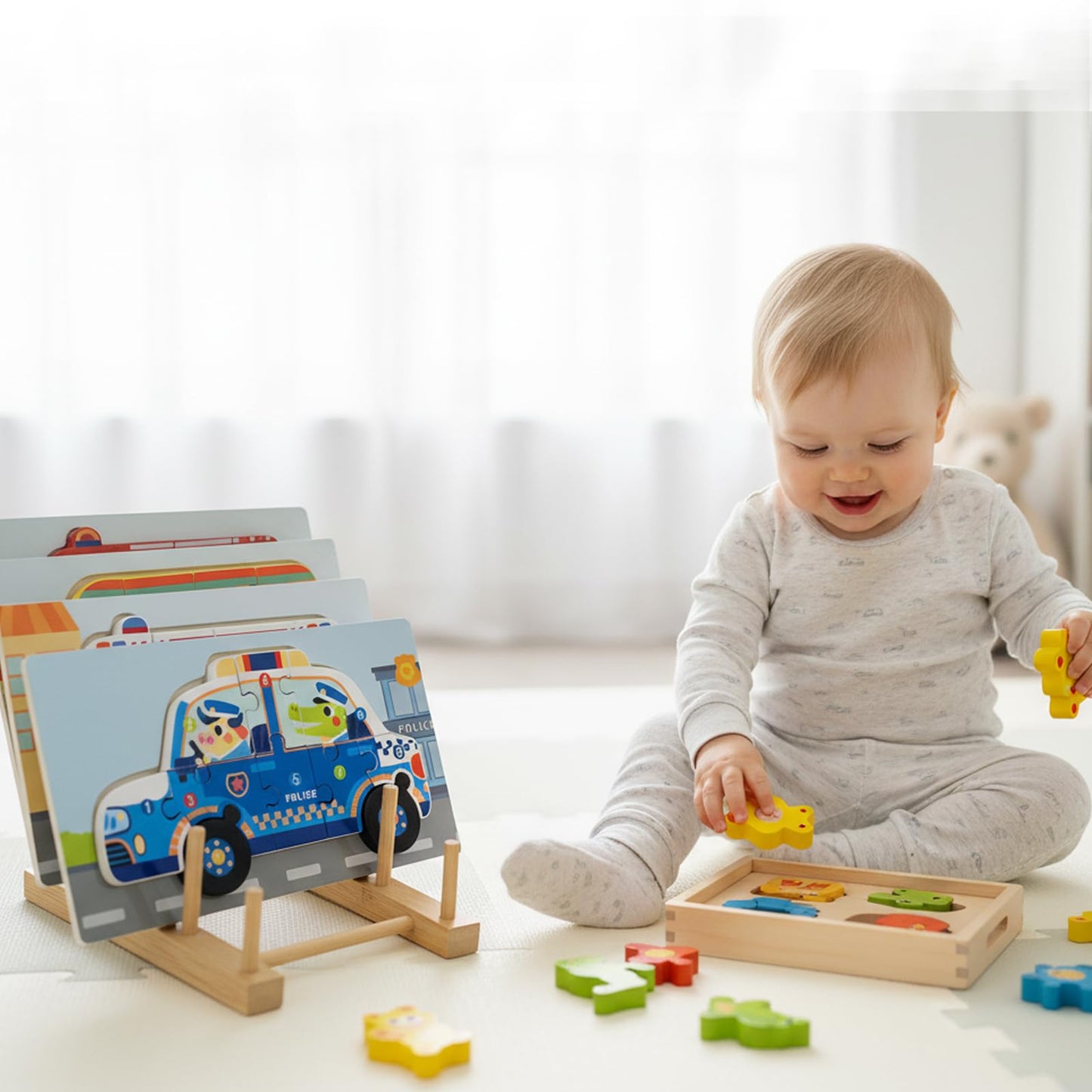 GYSLEOT 2 Pack Wooden Puzzle Rack – 5-Section Tabletop Display for Puzzles, Books & Art