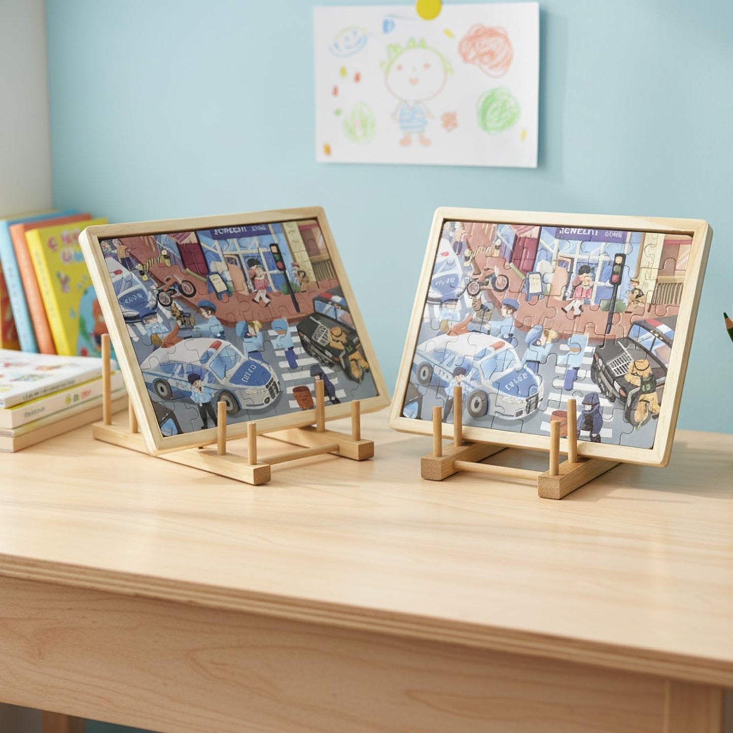 GYSLEOT 2 Pack Wooden Puzzle Rack – 5-Section Tabletop Display for Puzzles, Books & Art