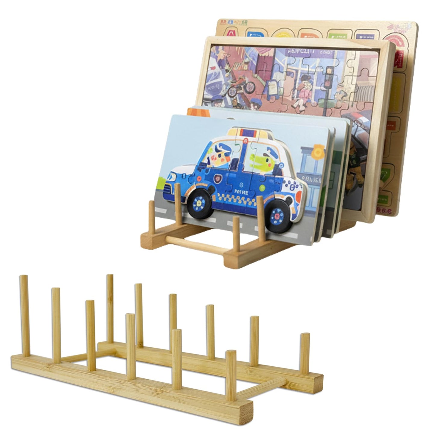 GYSLEOT 2 Pack Wooden Puzzle Rack – 5-Section Tabletop Display for Puzzles, Books & Art