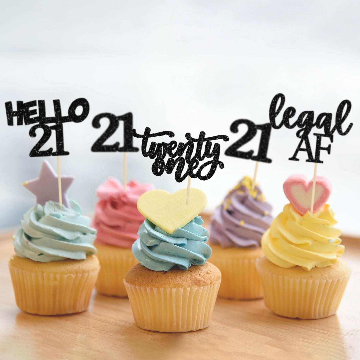 Gyufise 24Pcs Black Glitter 21st Birthday Cupcake Toppers – Cake Decorations for 21st Party