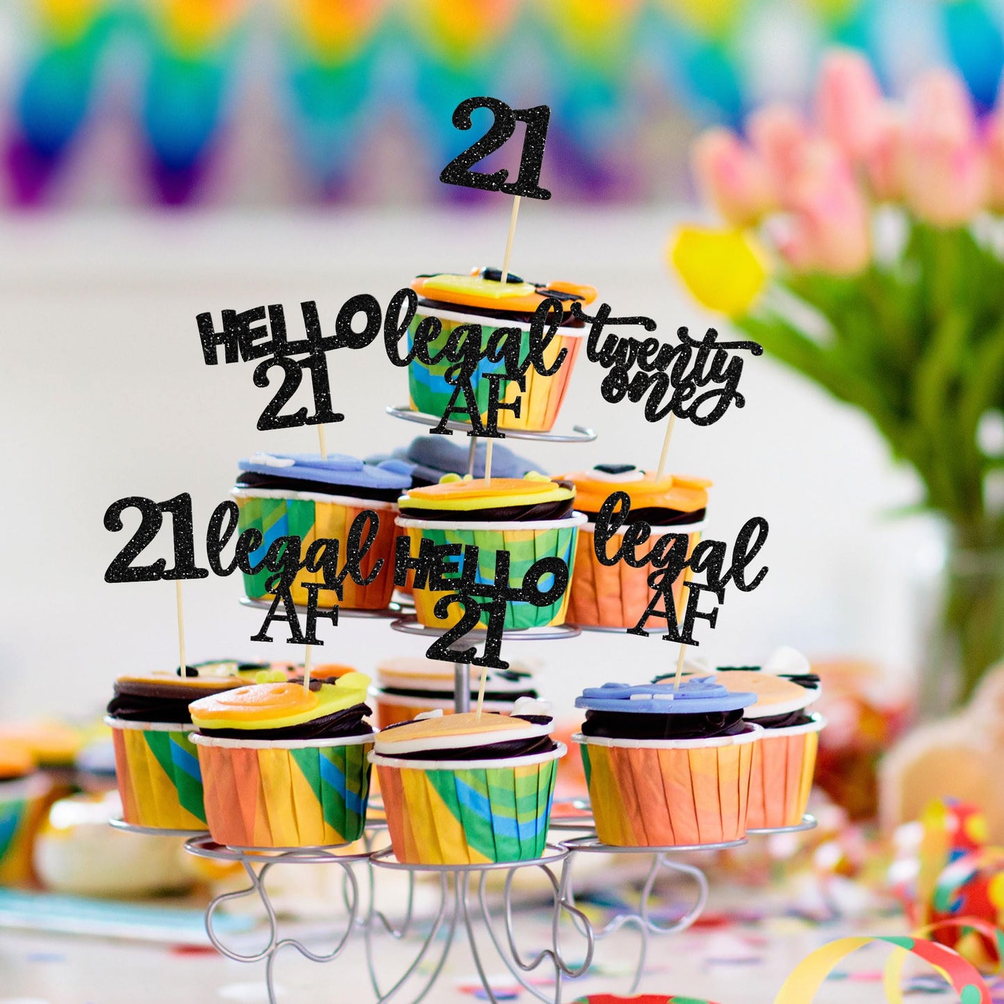 Gyufise 24Pcs Black Glitter 21st Birthday Cupcake Toppers – Cake Decorations for 21st Party