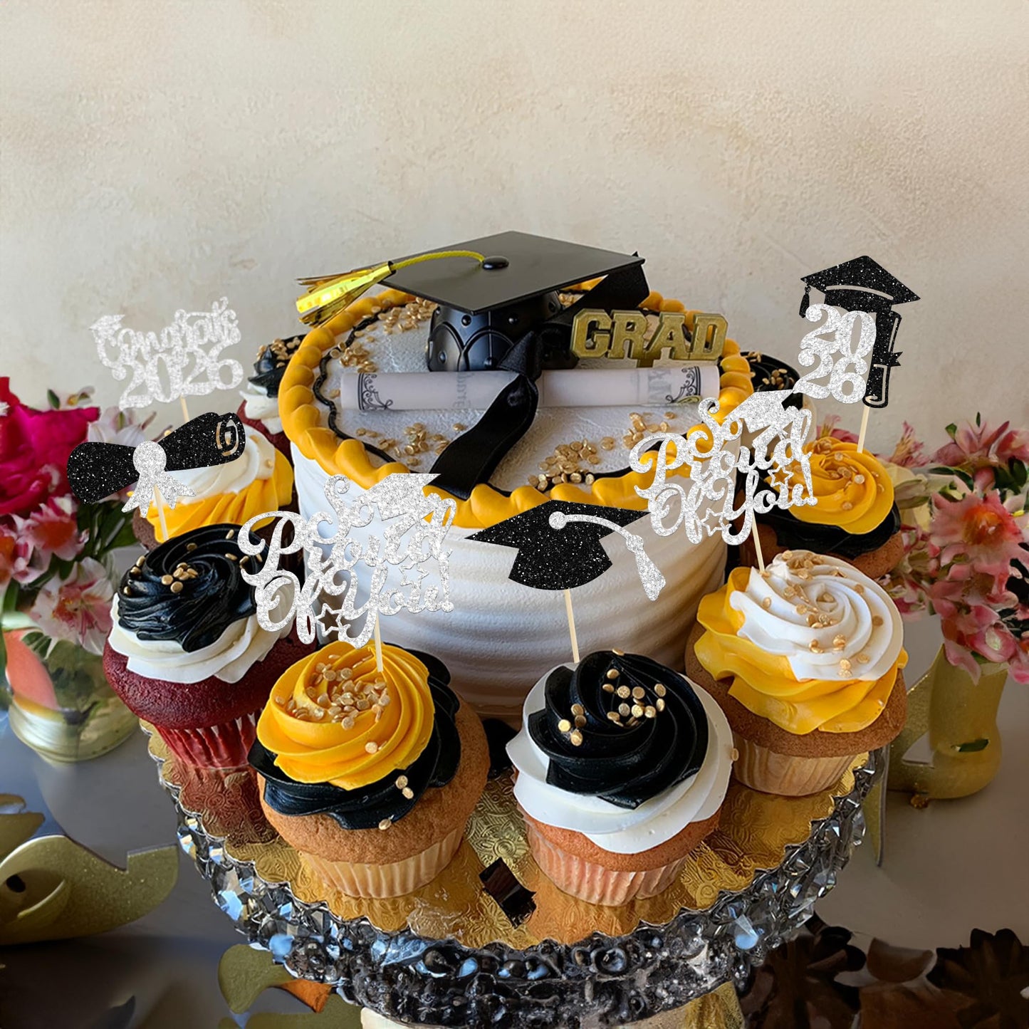 Gyufise 24Pcs Graduation Cupcake Toppers 2026 — Silver Glitter Class of 2026 Decor