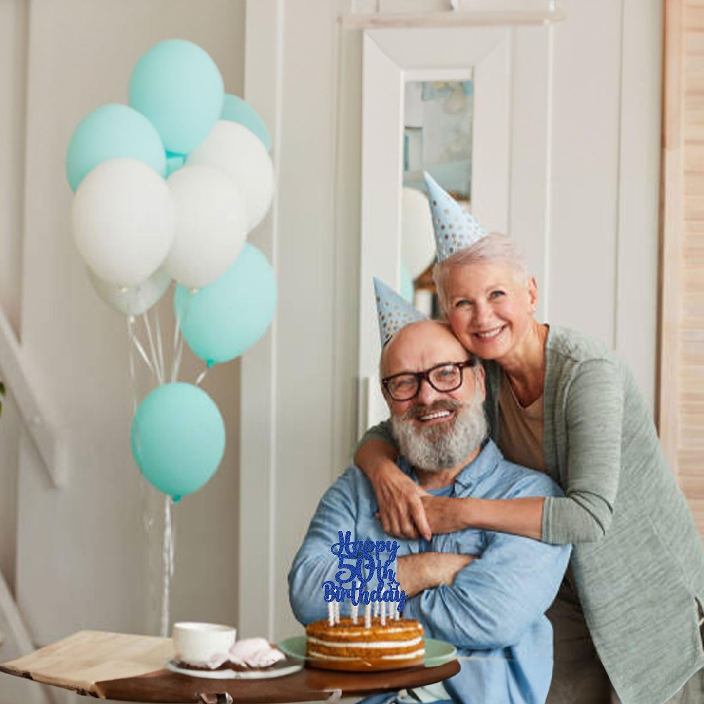 Gyufise Happy 50th Birthday Cake Topper – Blue Glitter, 50 & Fabulous Cheers to 50 Years Old