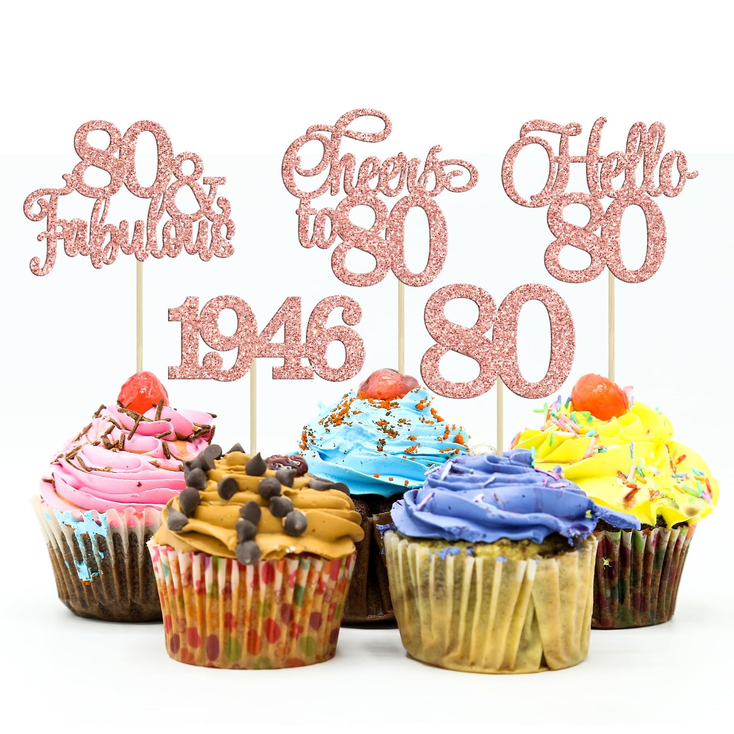 Gyufise 30 Pcs 80th Birthday Cupcake Toppers – Rose Gold Cake Decorations for 80th Birthday & Anniversary