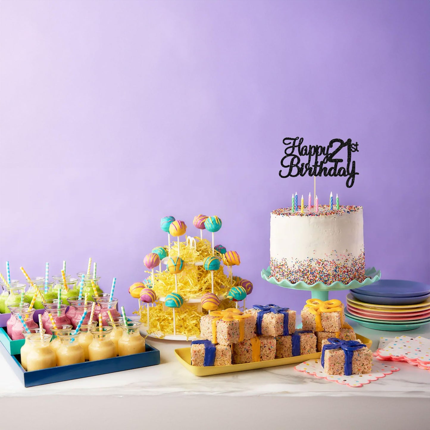 Gyufise 21st Birthday Cake Topper - Black Glitter Happy 21 Cake Decoration