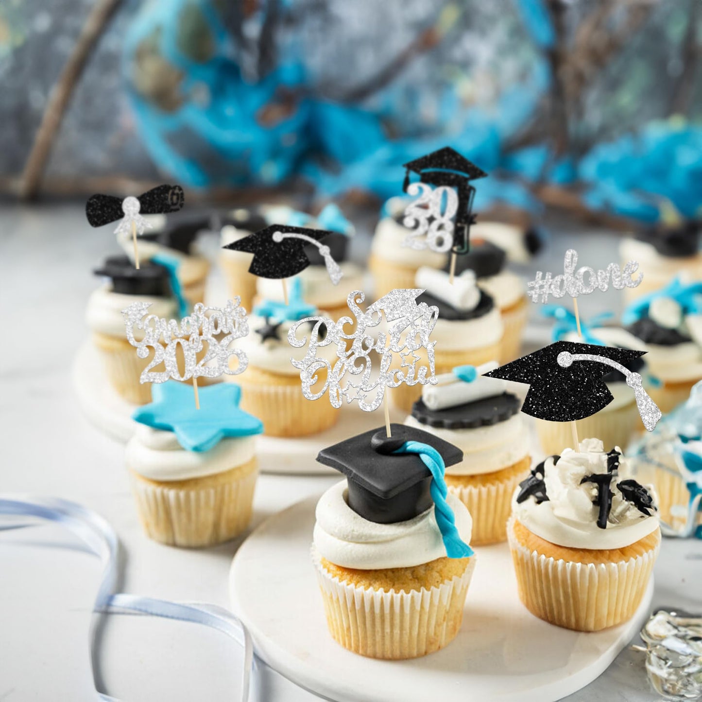 Gyufise 24Pcs Graduation Cupcake Toppers 2026 — Silver Glitter Class of 2026 Decor