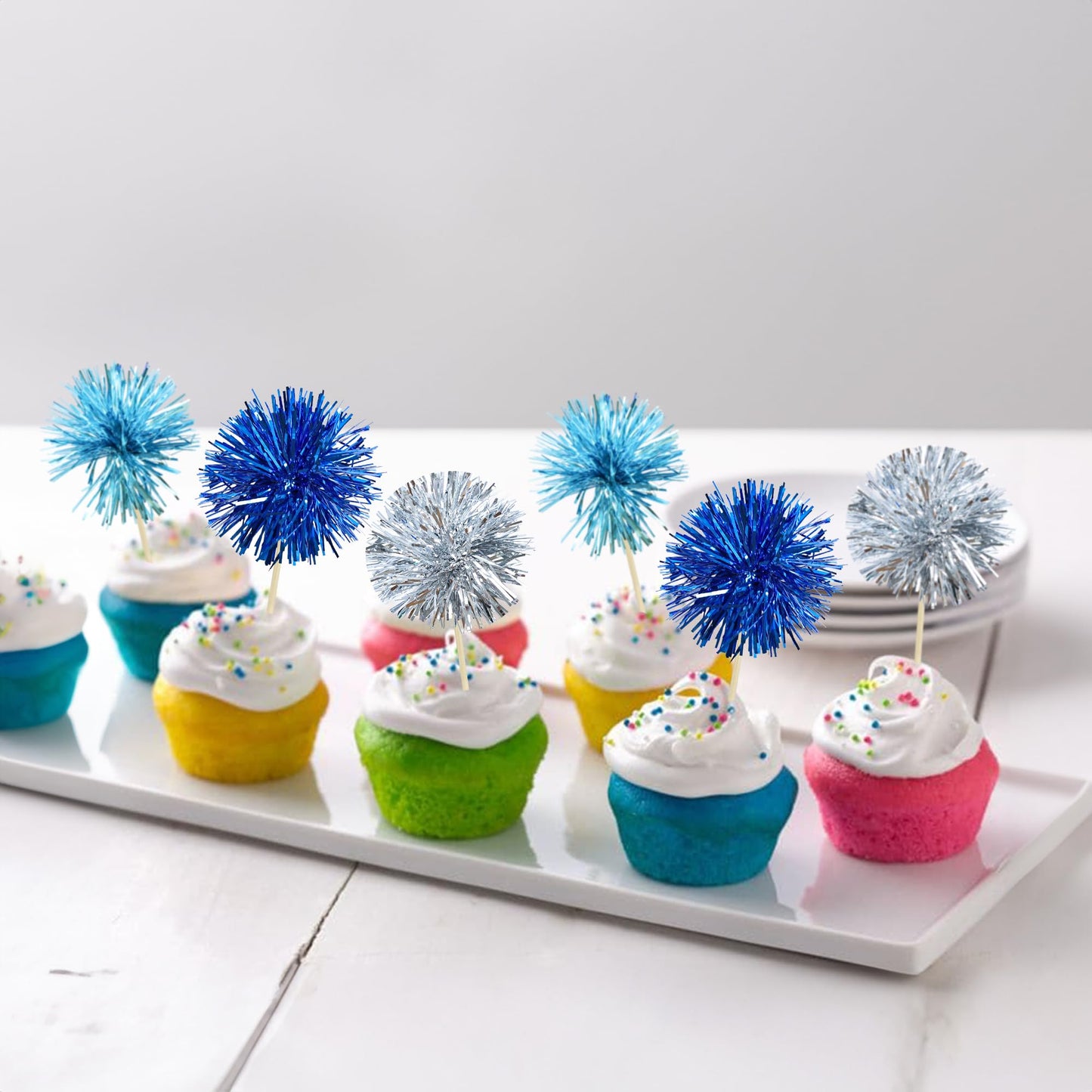 Gyufise 30Pcs Foil Firework Cupcake Toppers – Sparkle Tinsel Cake Decorations for Birthday Parties