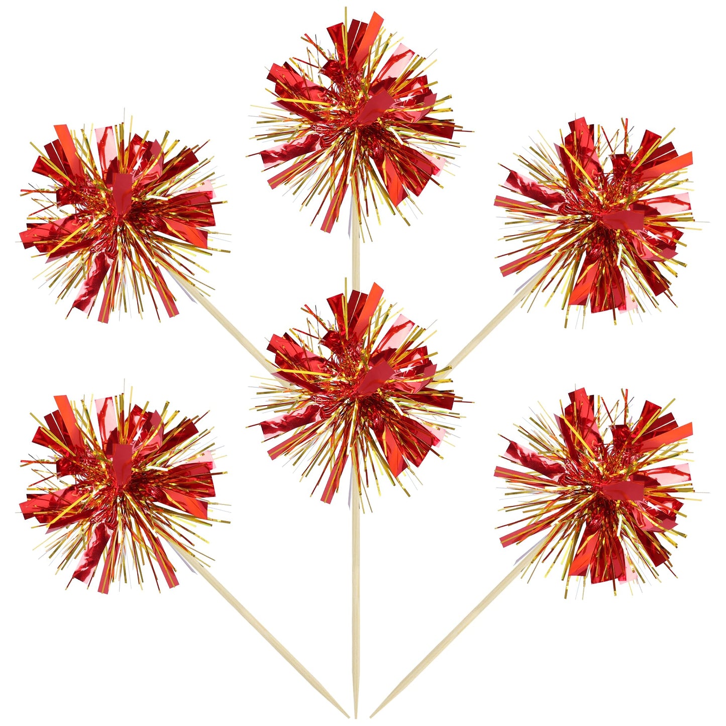 Gyufise 30Pcs Foil Firework Cupcake Toppers – Sparkle Gold & Red Tinsel Cake Picks