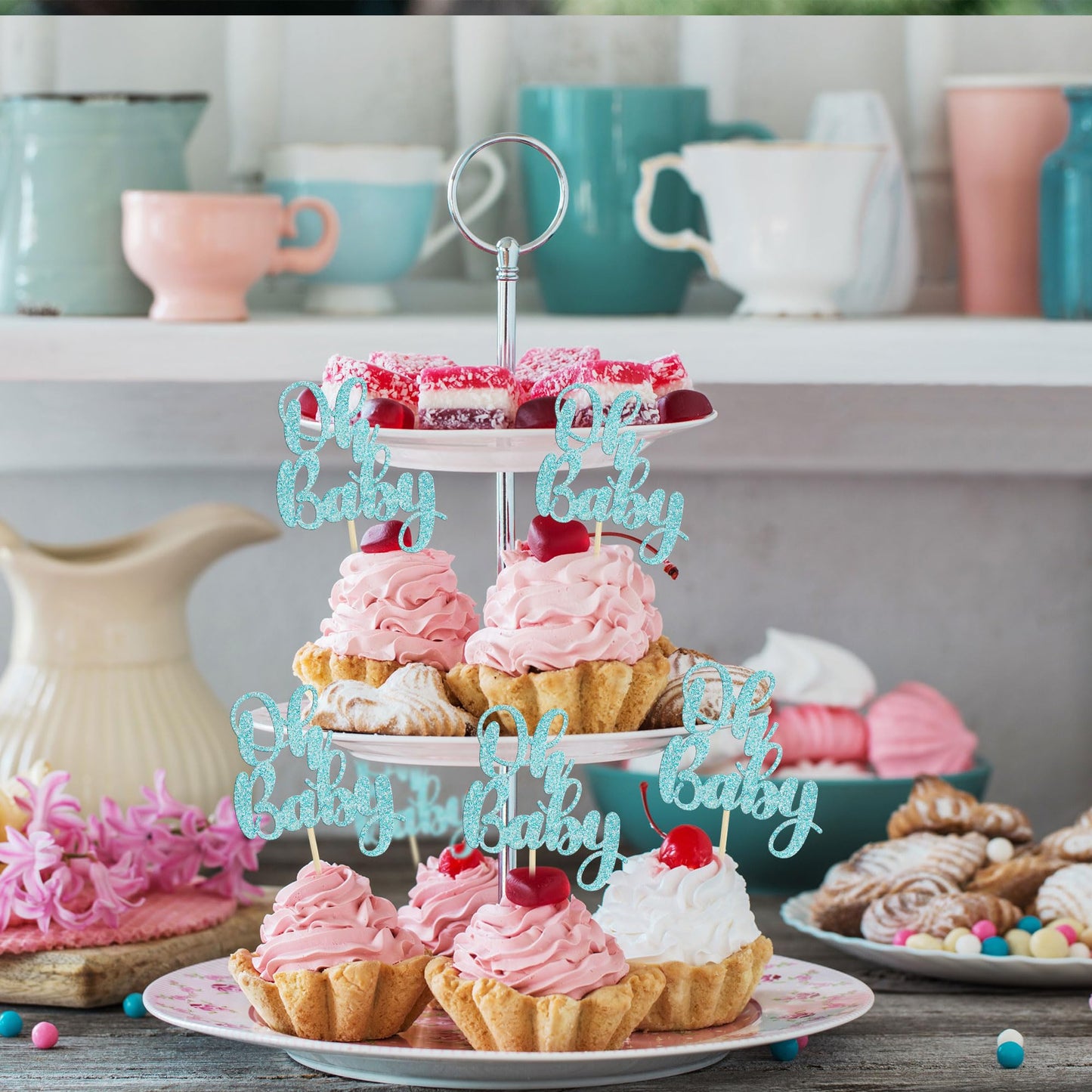 Gyufise 36Pcs Oh Baby Glitter Cupcake Toppers – Light Blue Baby Shower Picks