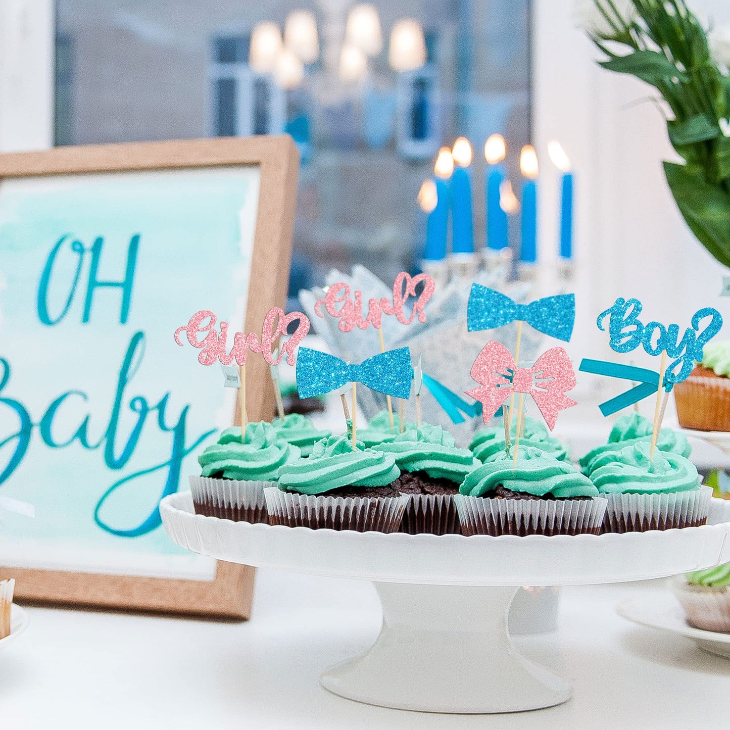 Gyufise 36Pcs Boy or Girl Cupcake Toppers Glitter Bow Tie Picks for Baby Shower, Gender Reveal & Kids Birthday