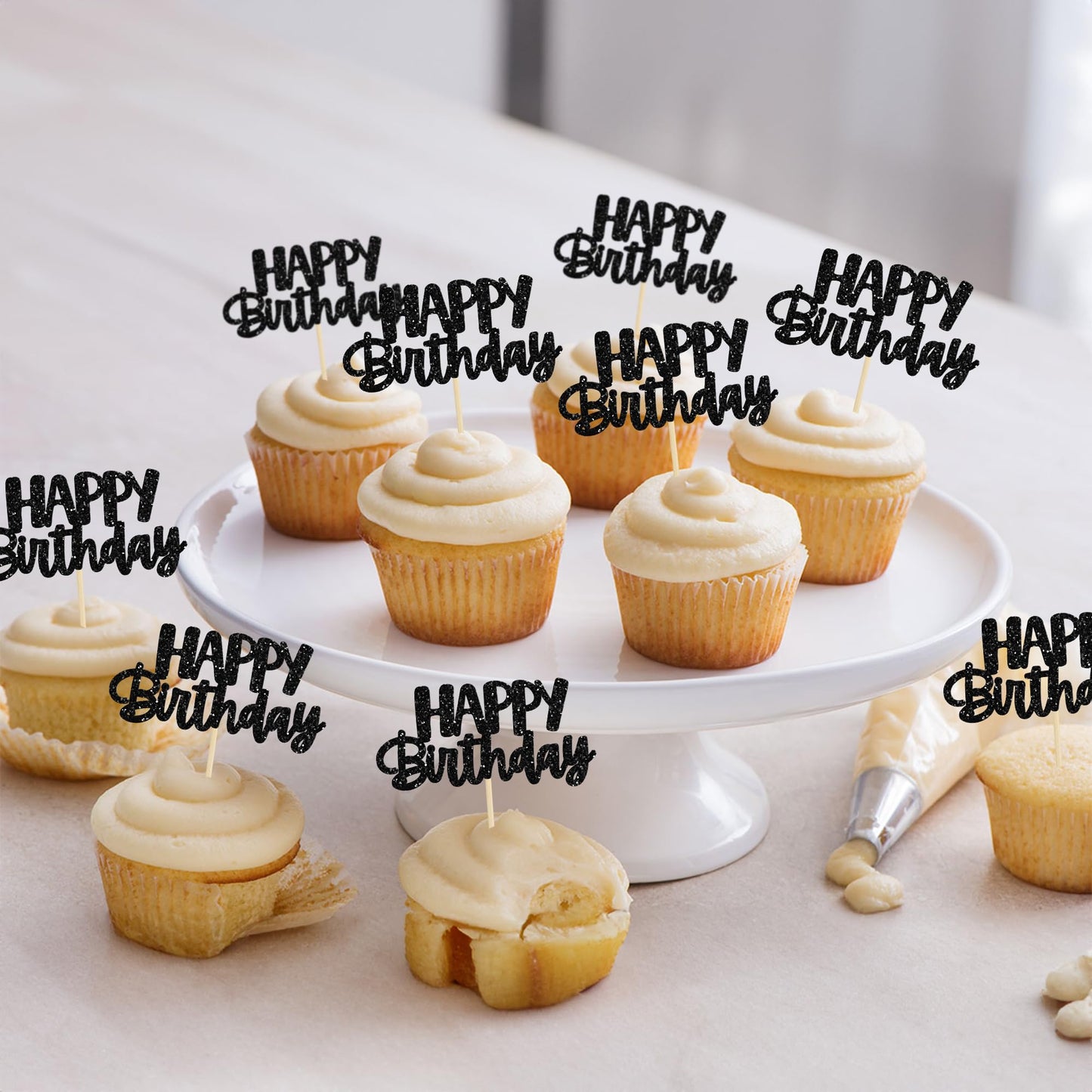 Gyufise Black Glitter Happy Birthday Cupcake Toppers – 24-Pack Cake Decorations