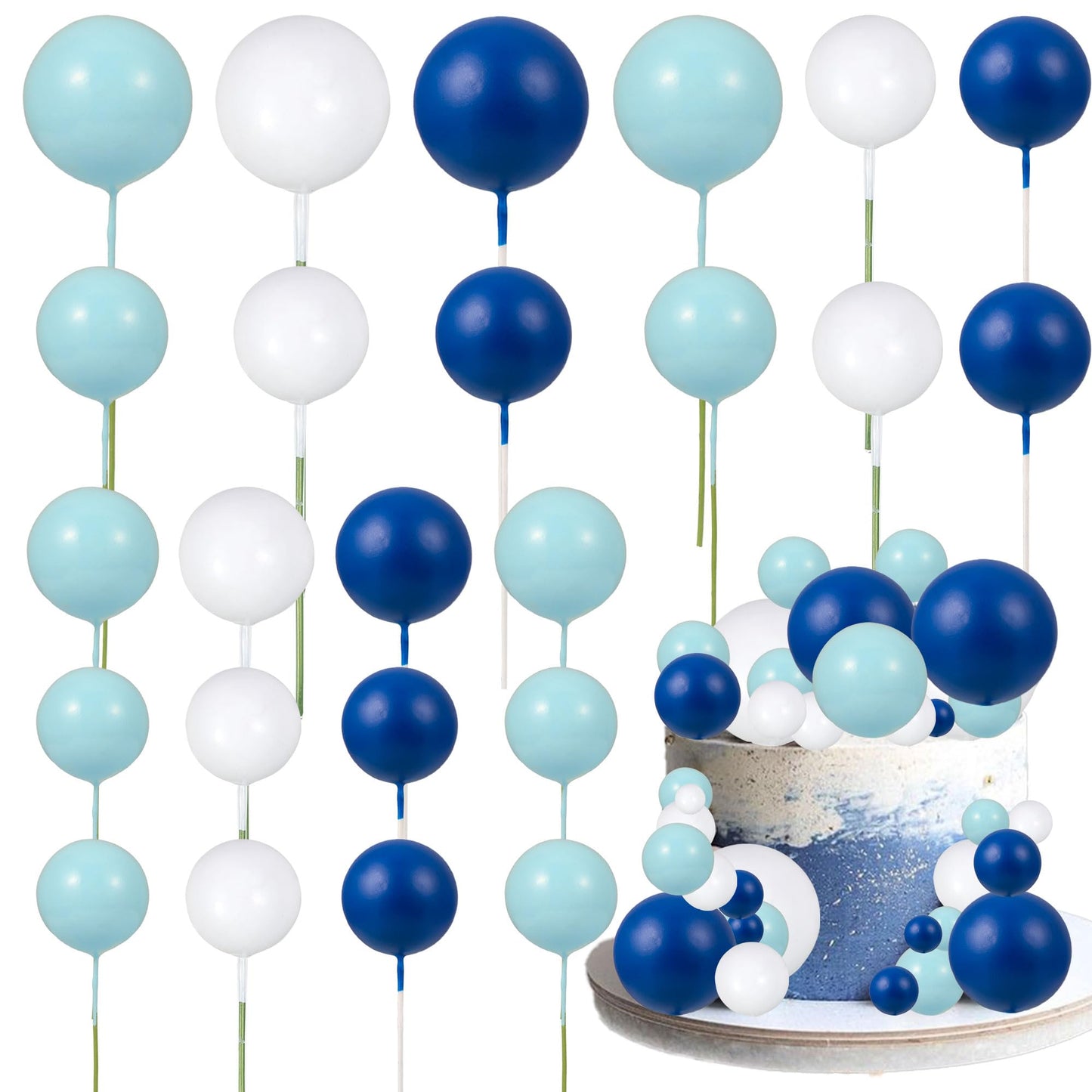 Gyufise 30Pcs Ball Cake Picks – Colorful Blue, White & Dark Blue Ball Topper Set for Cakes & Desserts
