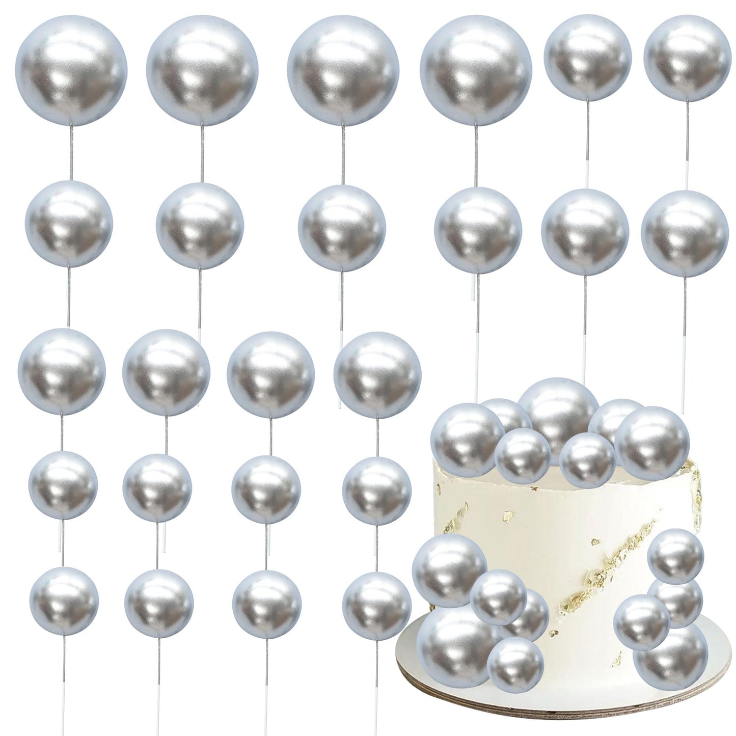 Gyufise 30Pcs Mini Balloon Cake Toppers – Foam Ball Cupcake Picks, Faux Pearl Balls, Silver