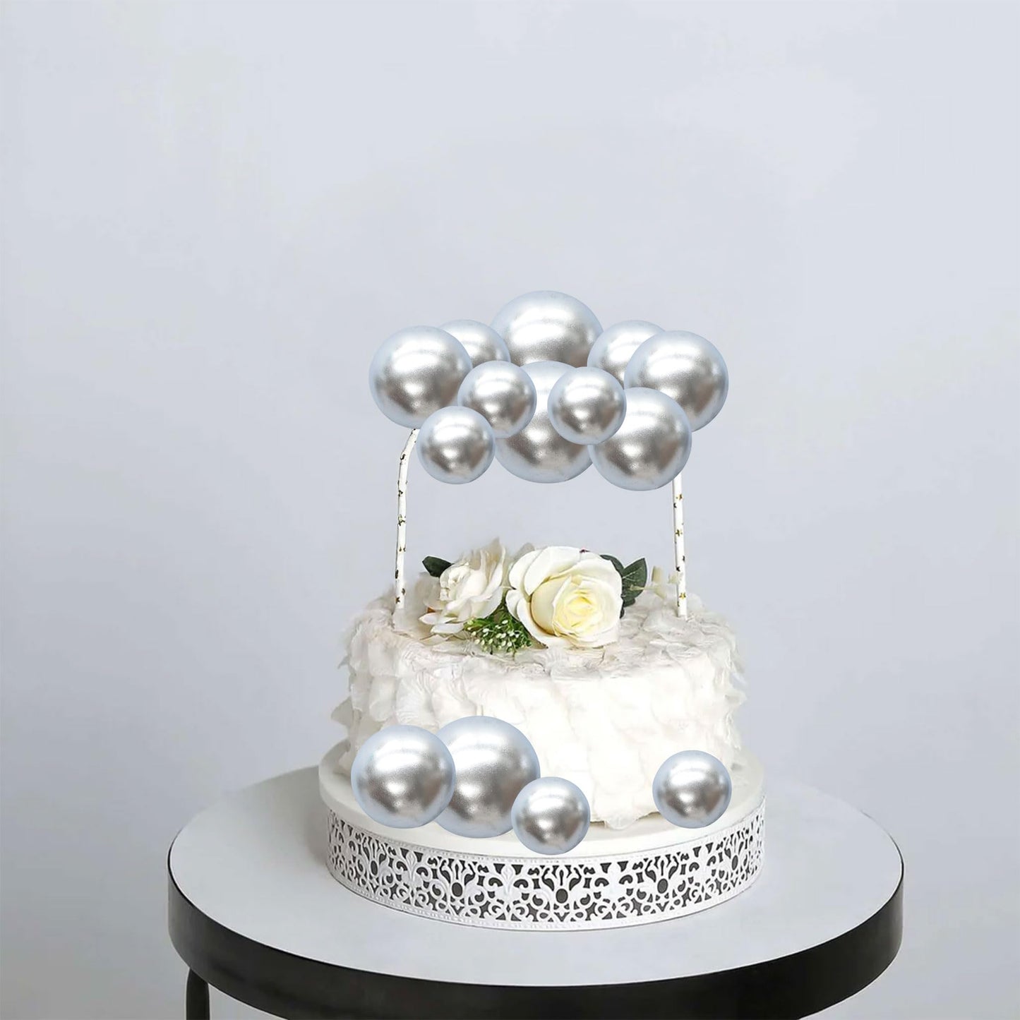 Gyufise 30Pcs Mini Balloon Cake Toppers – Foam Ball Cupcake Picks, Faux Pearl Balls, Silver