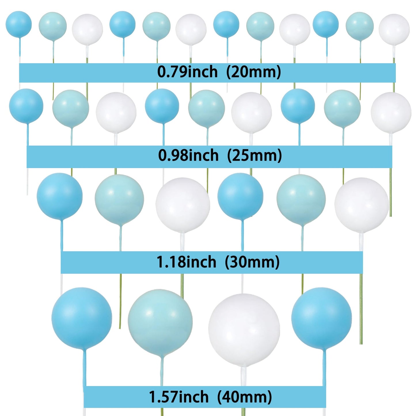 Gyufise 30Pcs Colorful Foam Ball Cake Toppers - Deep Blue, Light Blue & White (2.5cm-5cm)