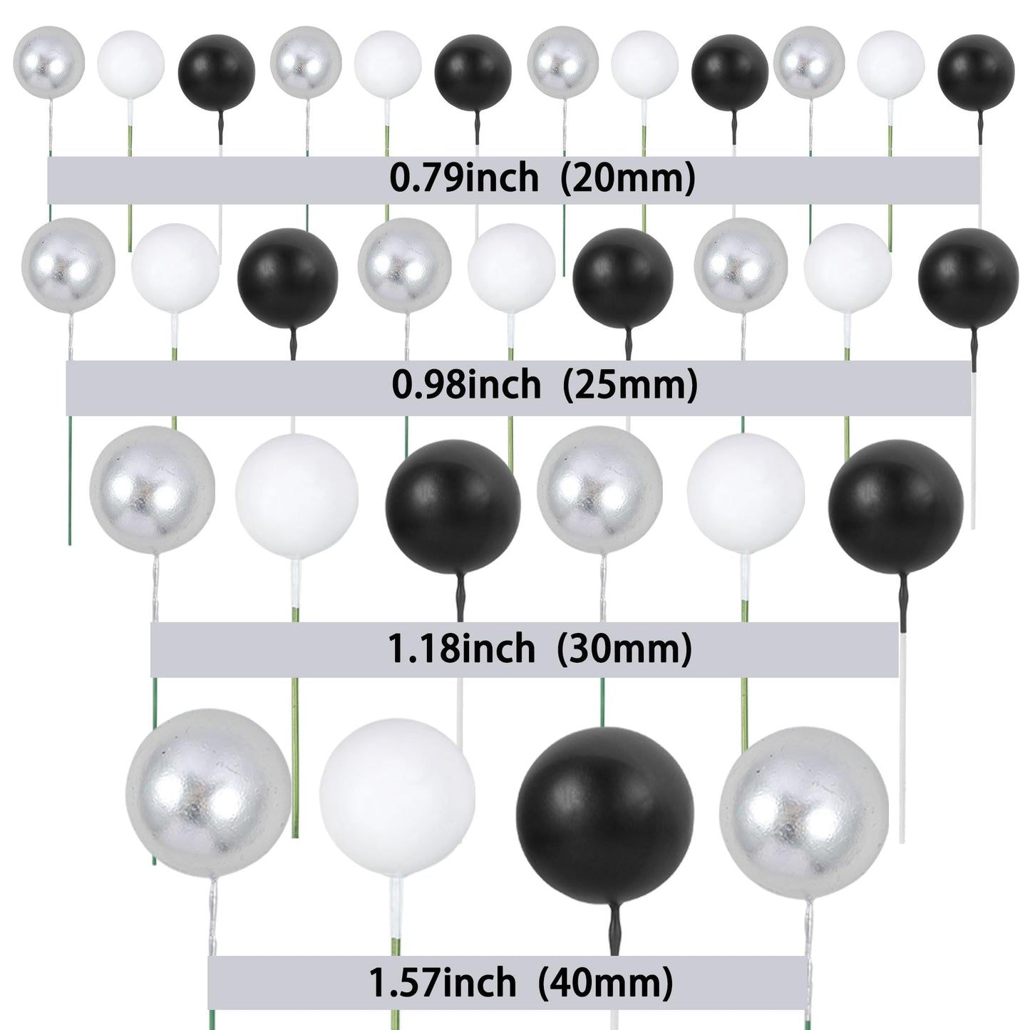 Gyufise 30Pcs Ball Cake Toppers – Foam Ball Picks for Cakes & Desserts (Silver/Black/White)
