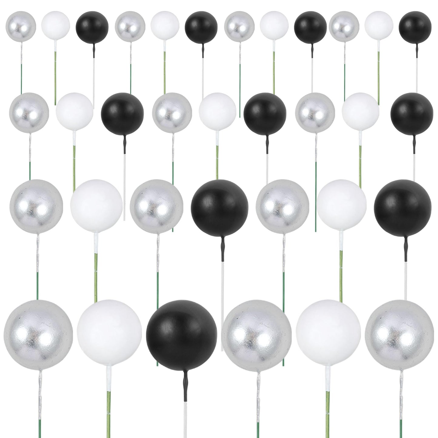 Gyufise 30Pcs Ball Cake Toppers – Foam Ball Picks for Cakes & Desserts (Silver/Black/White)