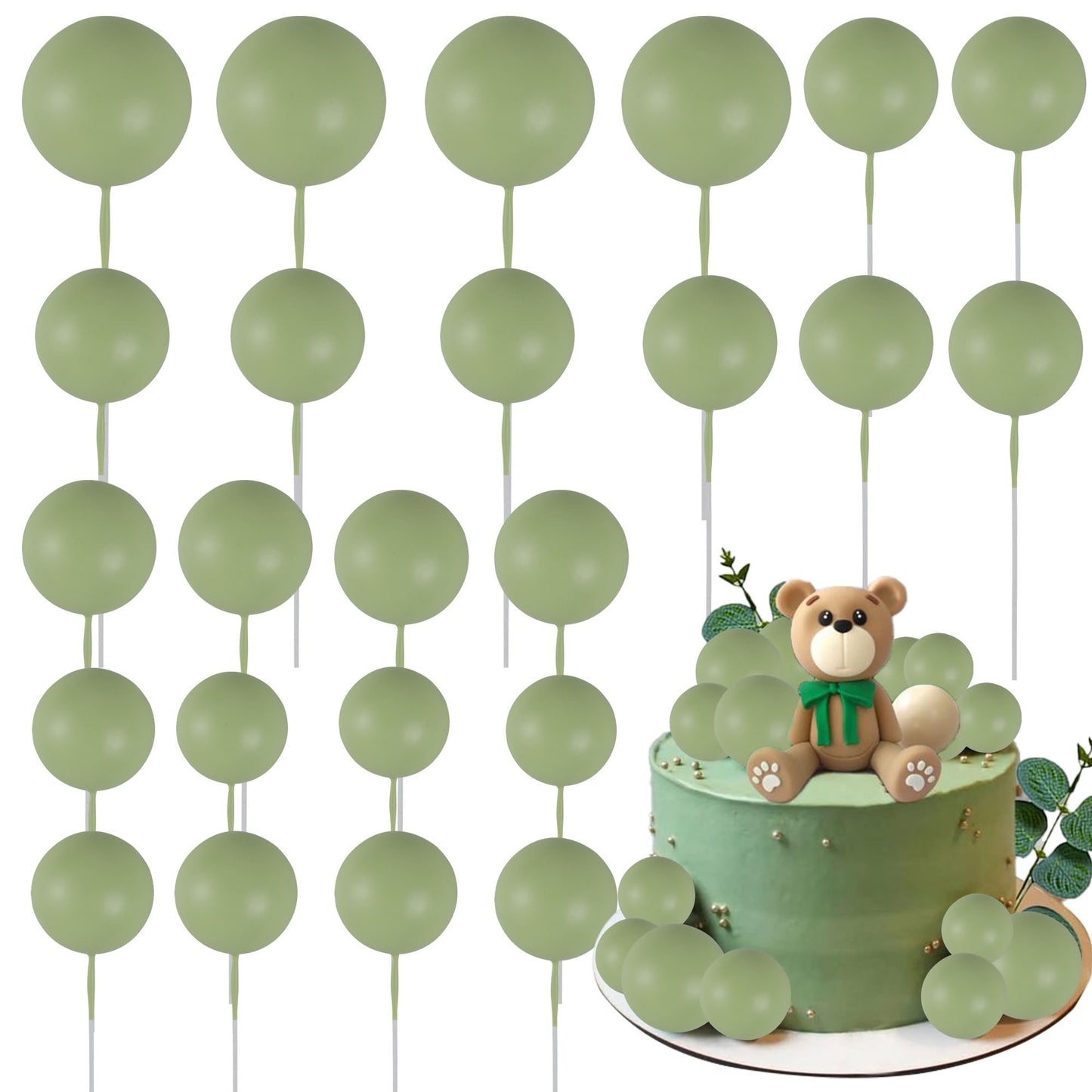 Gyufise 30Pcs Ball Cake Toppers – Matcha Green Foam Balloon Picks for Celebrations