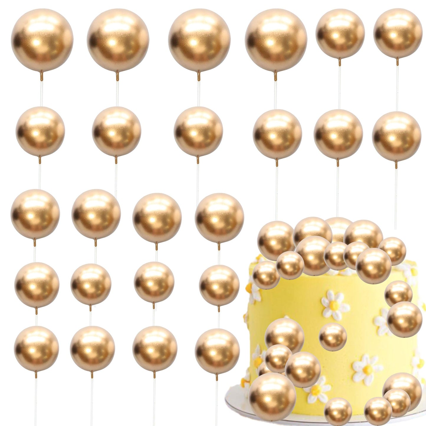 Gyufise 30Pcs Mini Balloon Cake Toppers – Gold Foam Ball Picks for Parties