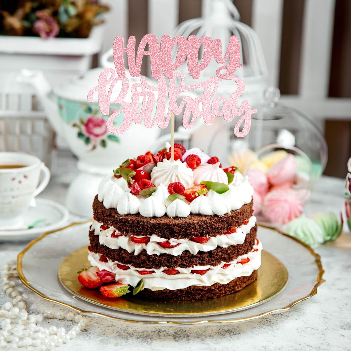 Gyufise 1Pcs Happy Birthday Cake Topper Glitter Pink – Cake Decoration