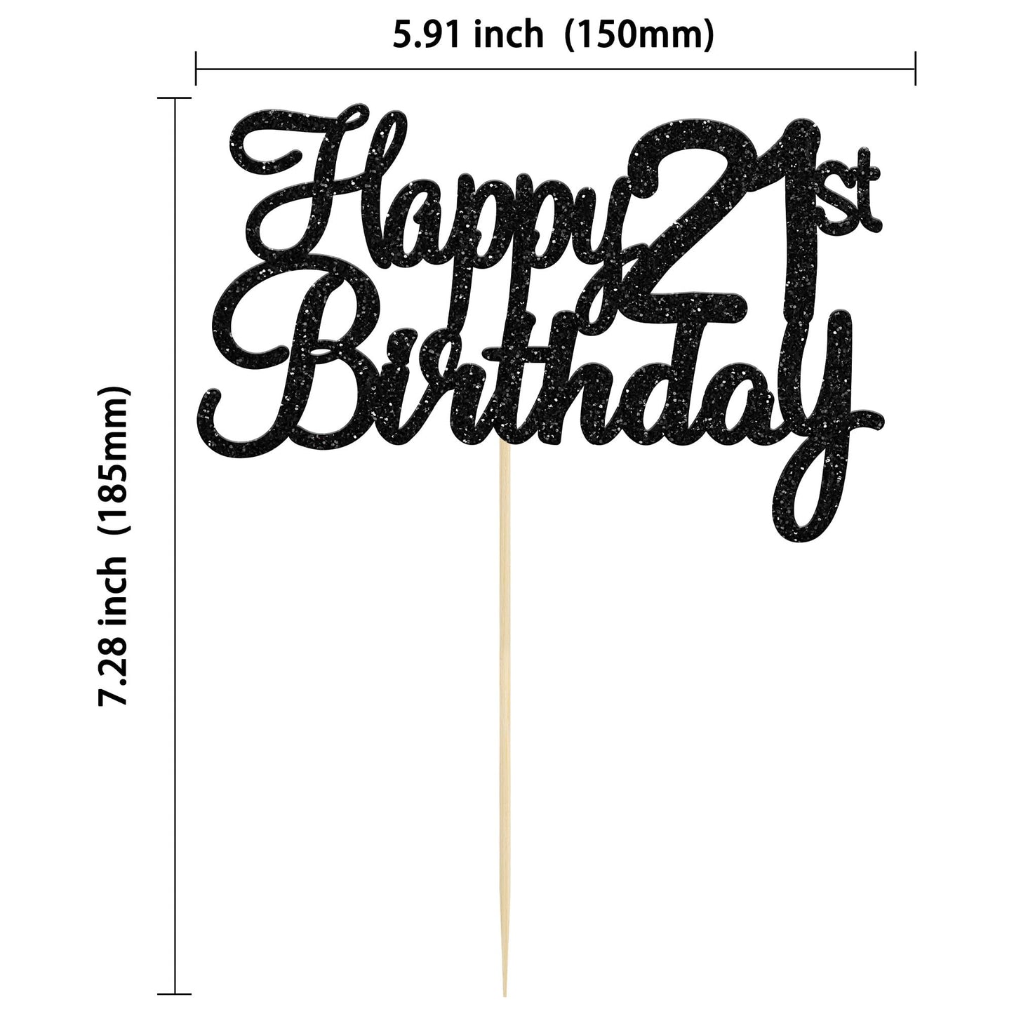 Gyufise 21st Birthday Cake Topper - Black Glitter Happy 21 Cake Decoration