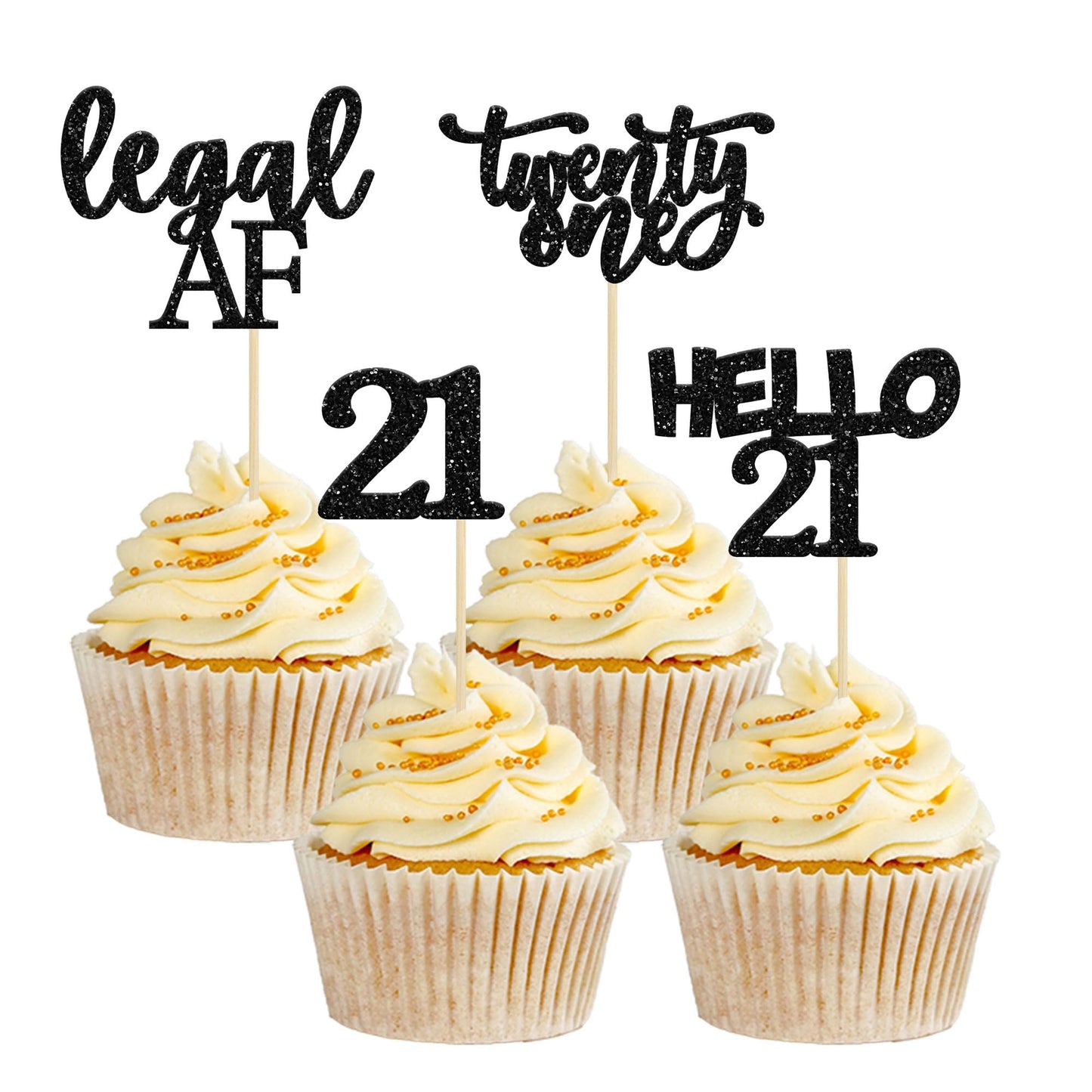 Gyufise 24Pcs Black Glitter 21st Birthday Cupcake Toppers – Cake Decorations for 21st Party