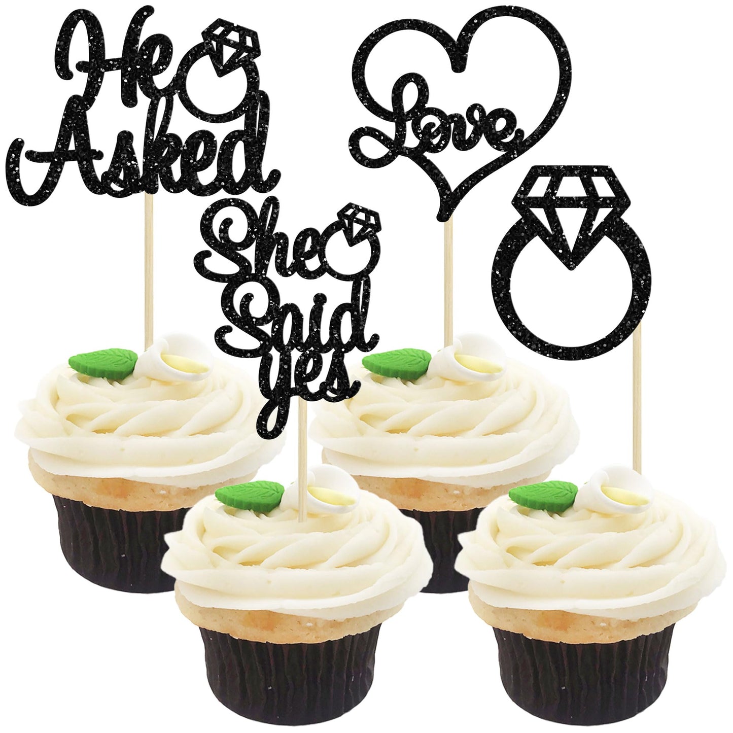 Gyufise 24 Pack Black Glitter He Asked She Said Yes Cupcake Toppers | Wedding & Bridal Shower Decor