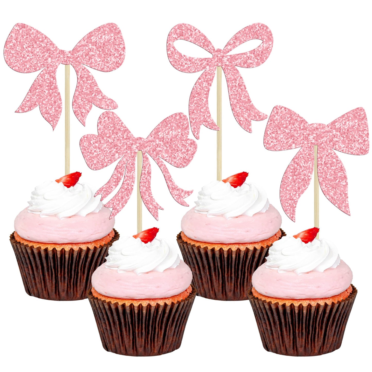 Gyufise 36Pcs Pink Glitter Bow Cupcake Toppers – Bowknot Cake Picks for Birthday & Showers