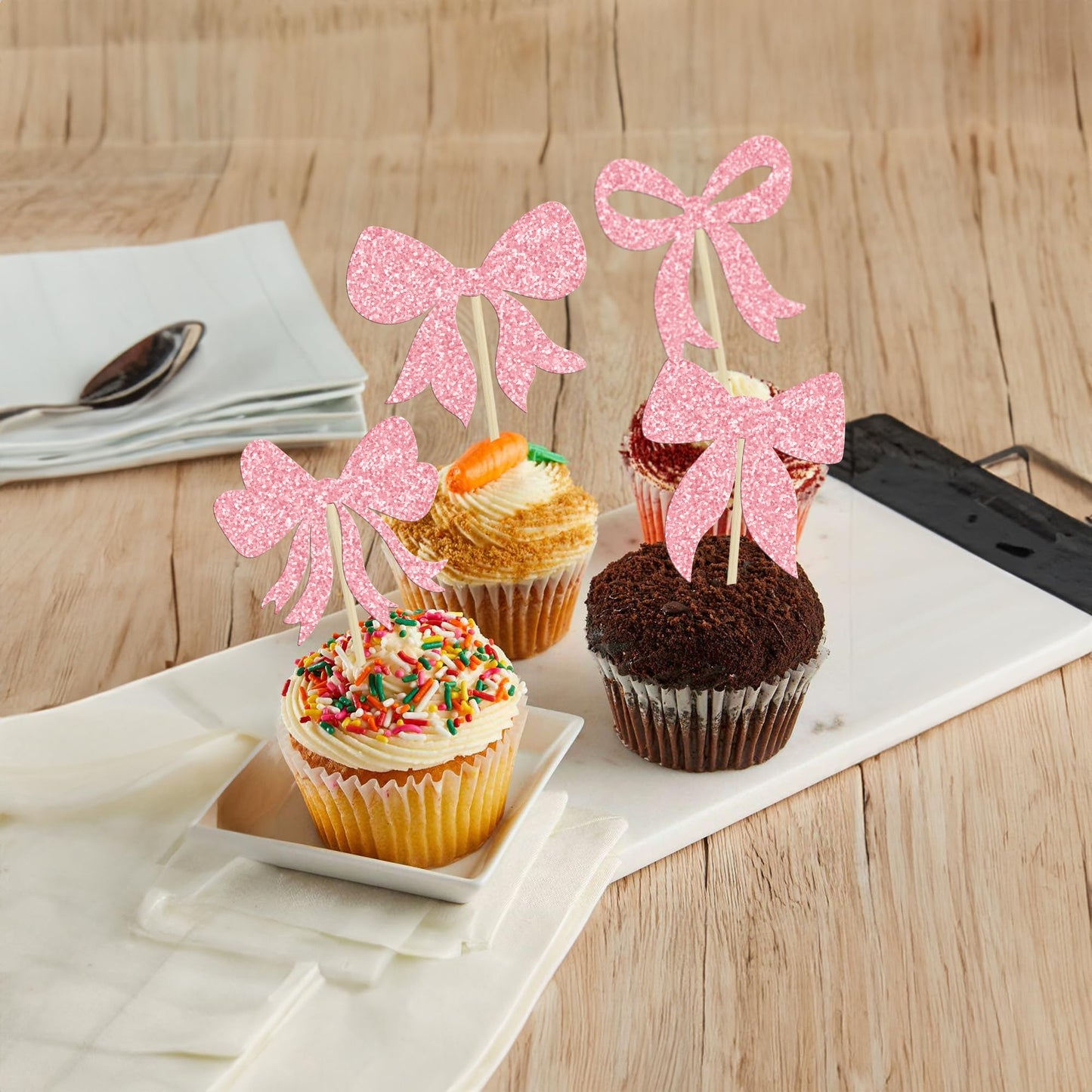 Gyufise 36Pcs Pink Glitter Bow Cupcake Toppers – Bowknot Cake Picks for Birthday & Showers