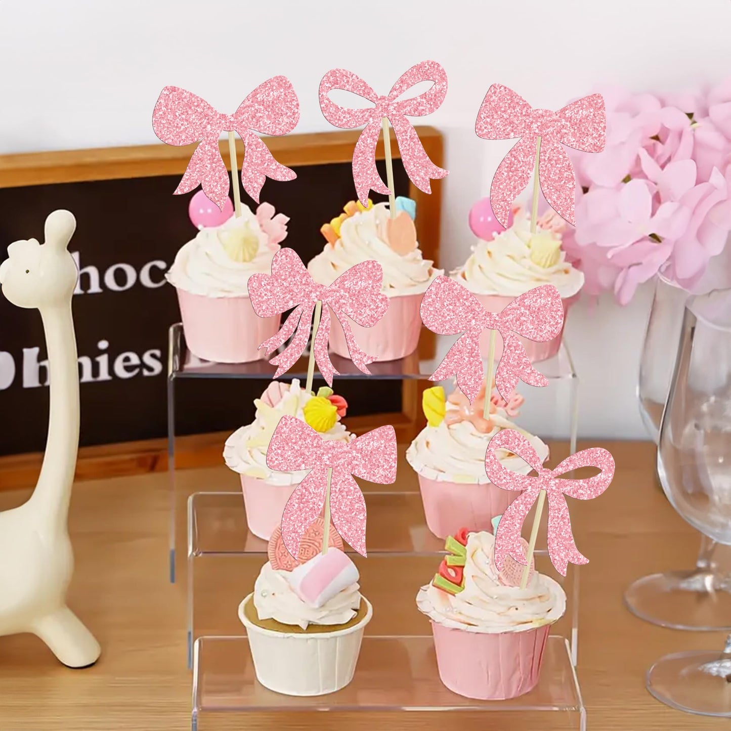 Gyufise 36Pcs Pink Glitter Bow Cupcake Toppers – Bowknot Cake Picks for Birthday & Showers