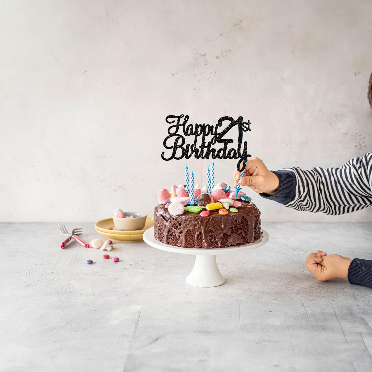 Gyufise 21st Birthday Cake Topper - Black Glitter Happy 21 Cake Decoration