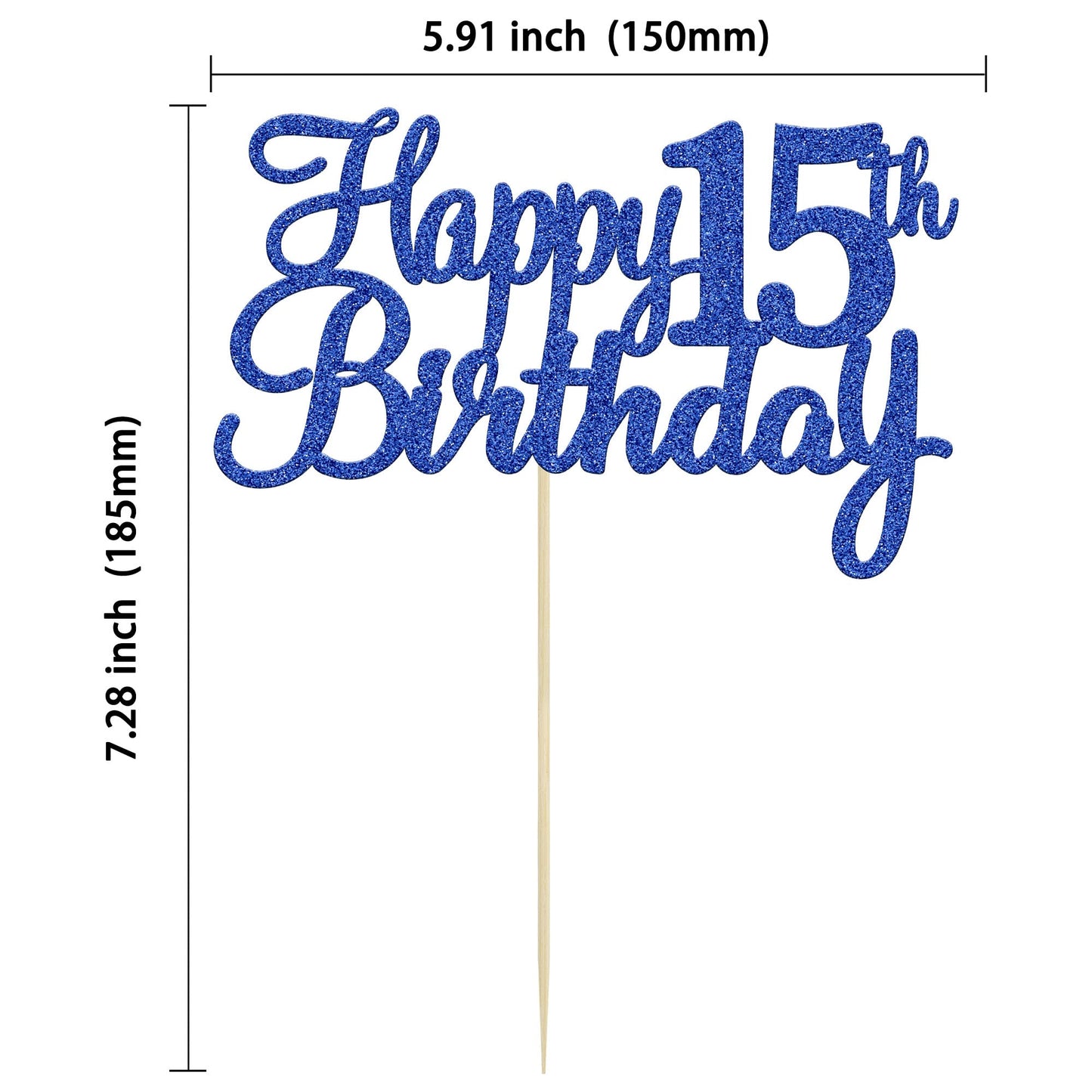 Gyufise Happy 15th Birthday Cake Topper – Blue Glitter, 1 Pc