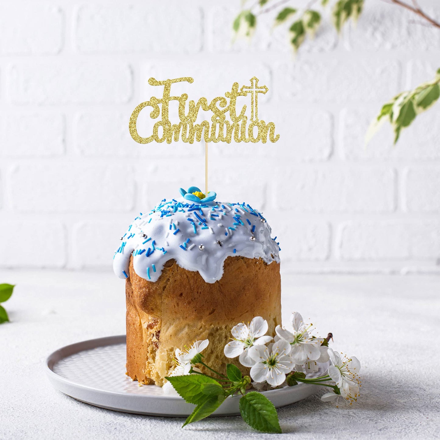 Gyufise Gold Glitter First Communion Cake Topper – 1Pcs God Bless Decoration