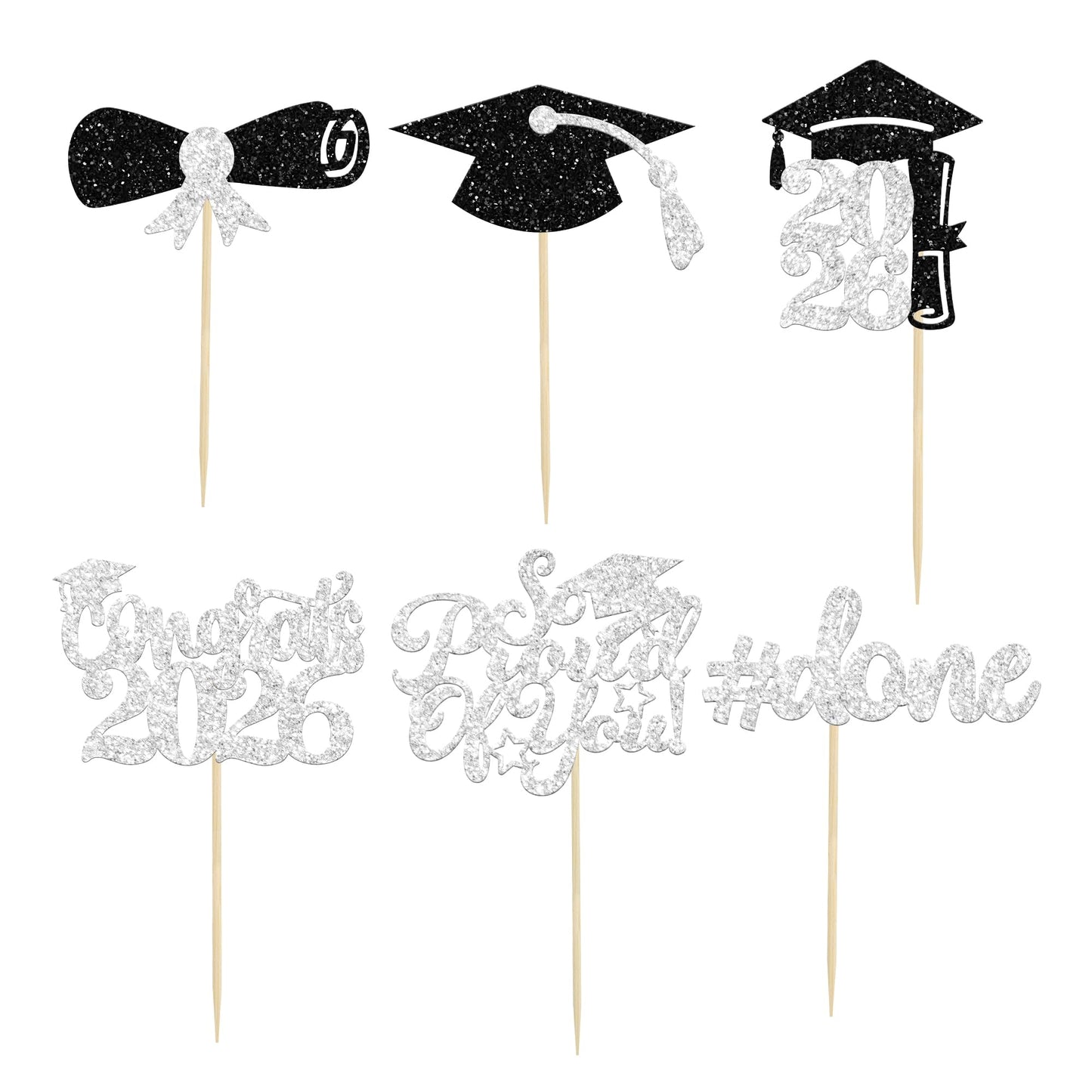 Gyufise 24Pcs Graduation Cupcake Toppers 2026 — Silver Glitter Class of 2026 Decor